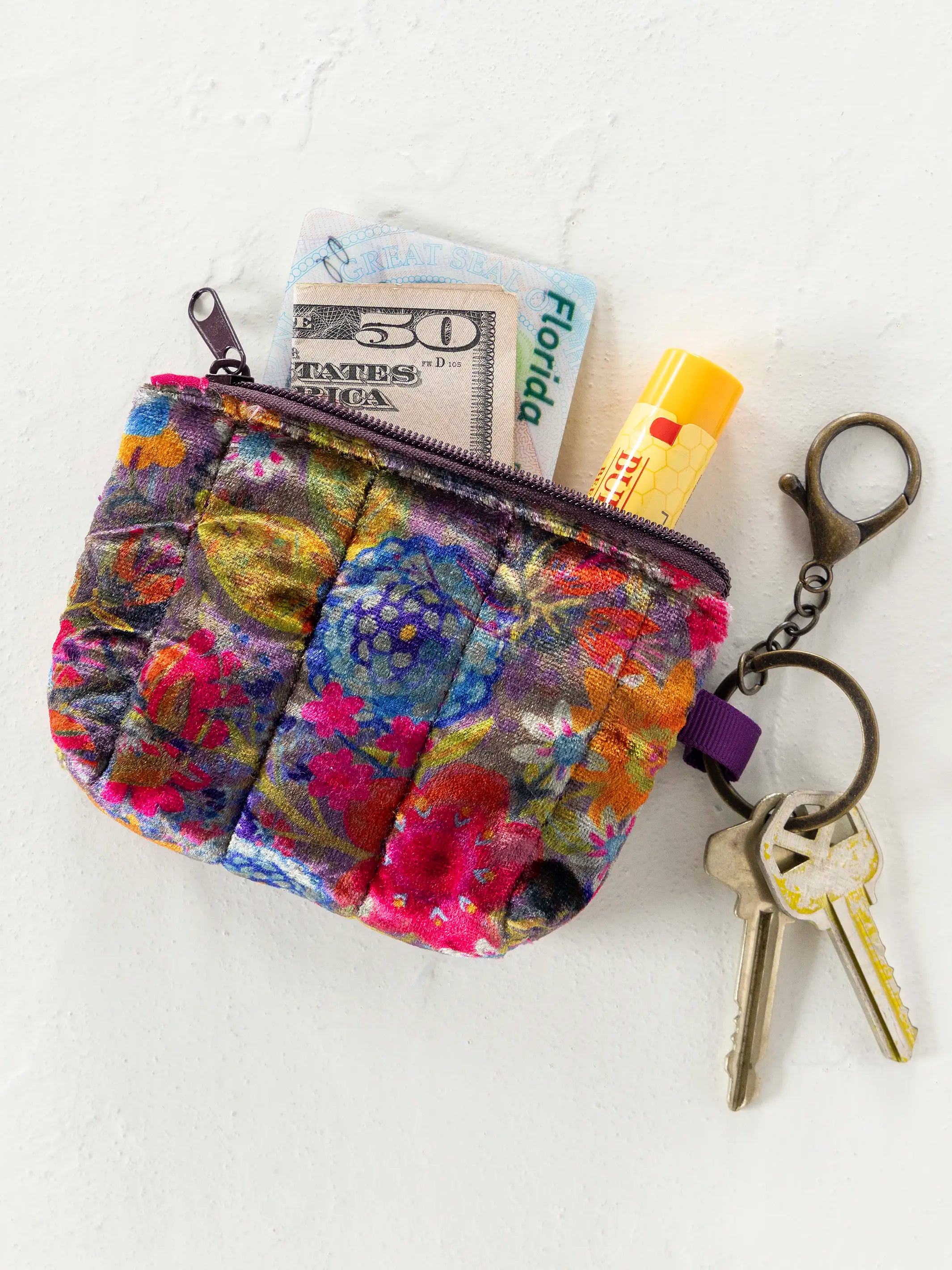Mini Velvet Puffy Coin Purse Key Clip - Dark Floral Garden