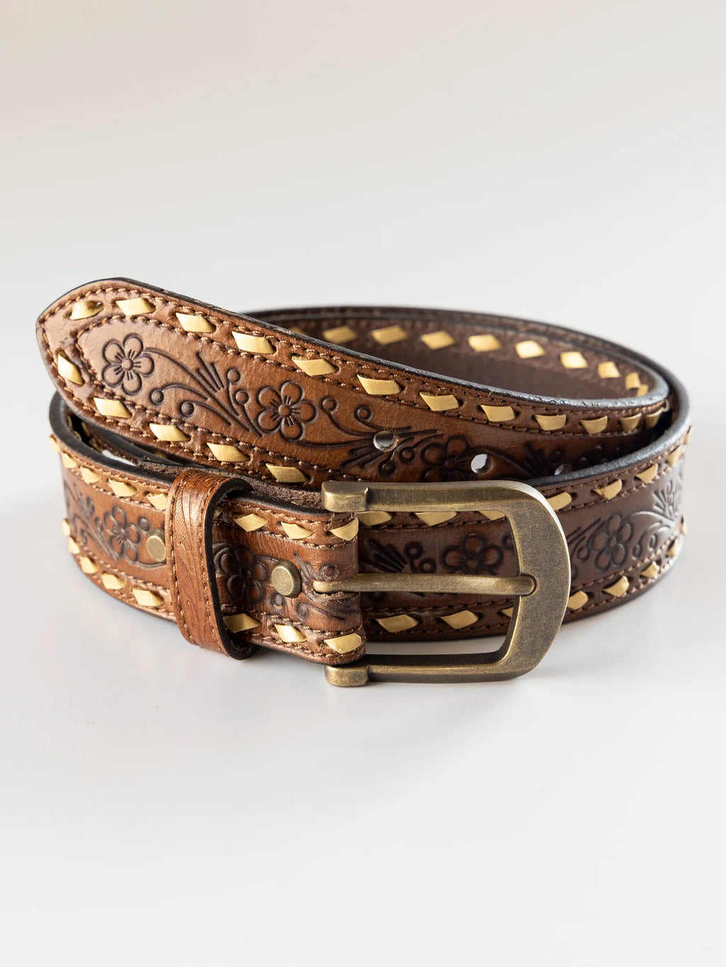 Western Blooms Leather Belt - Brown Floral