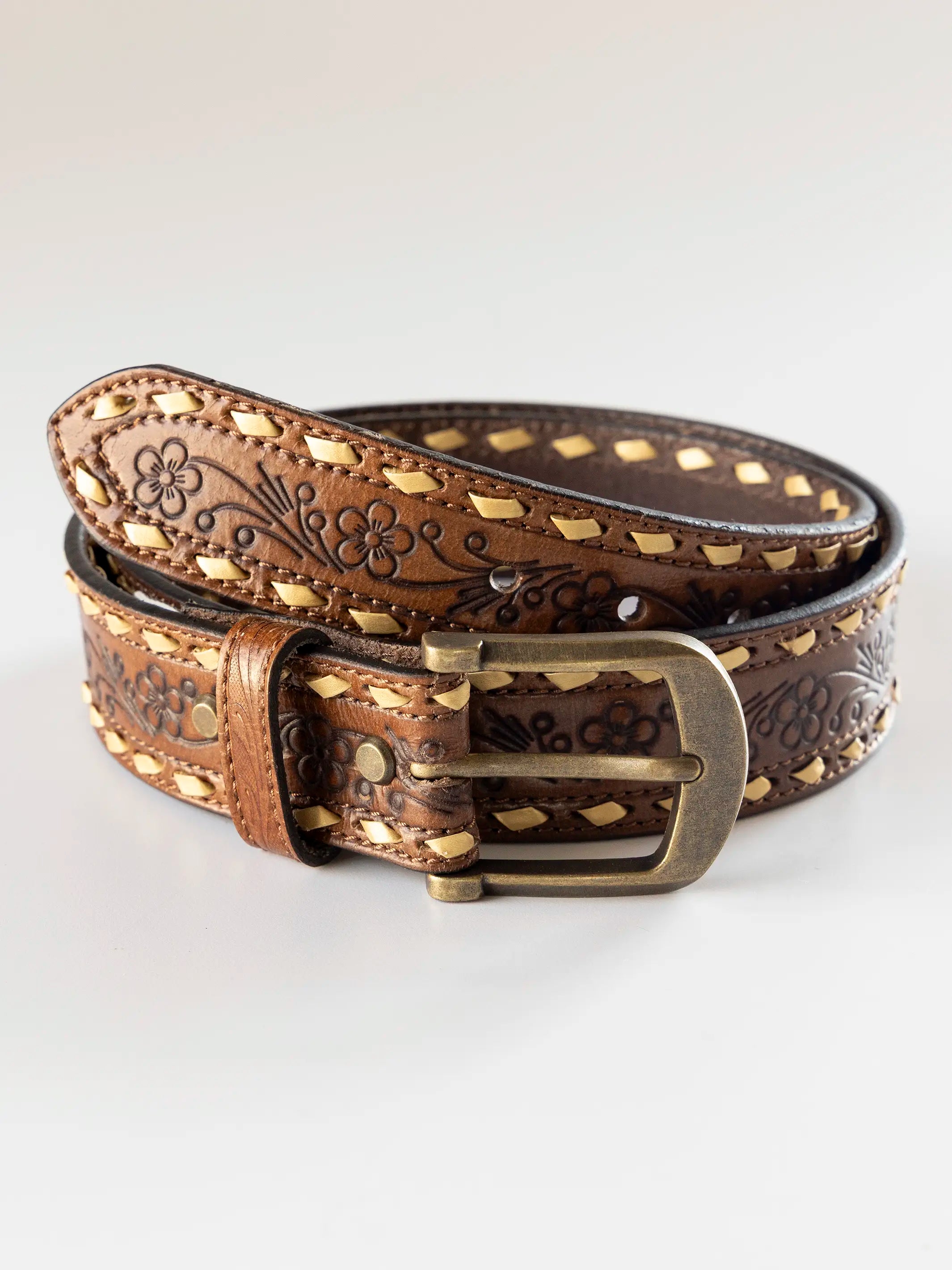 Western Blooms Leather Belt - Brown Floral