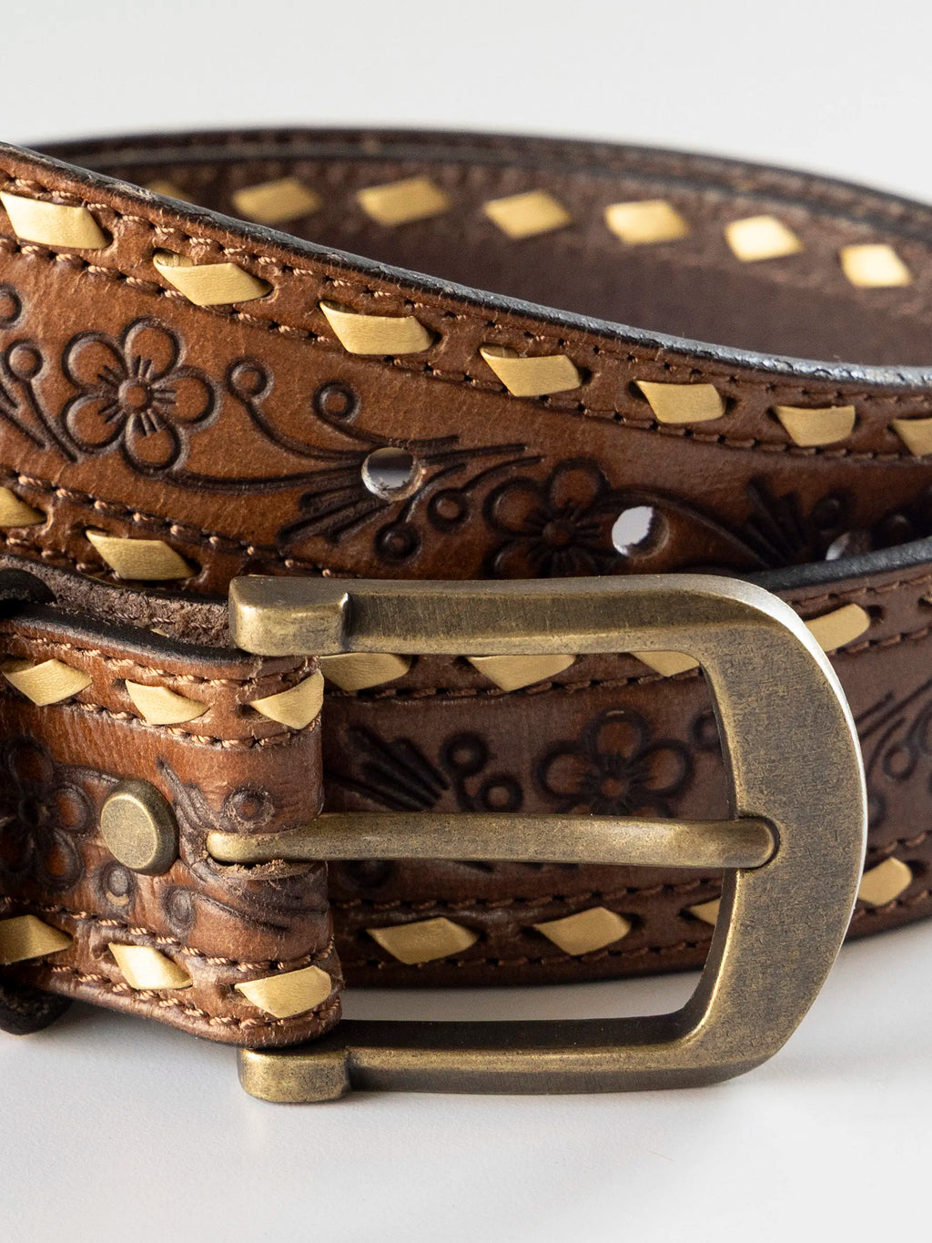 Western Blooms Leather Belt - Brown Floral