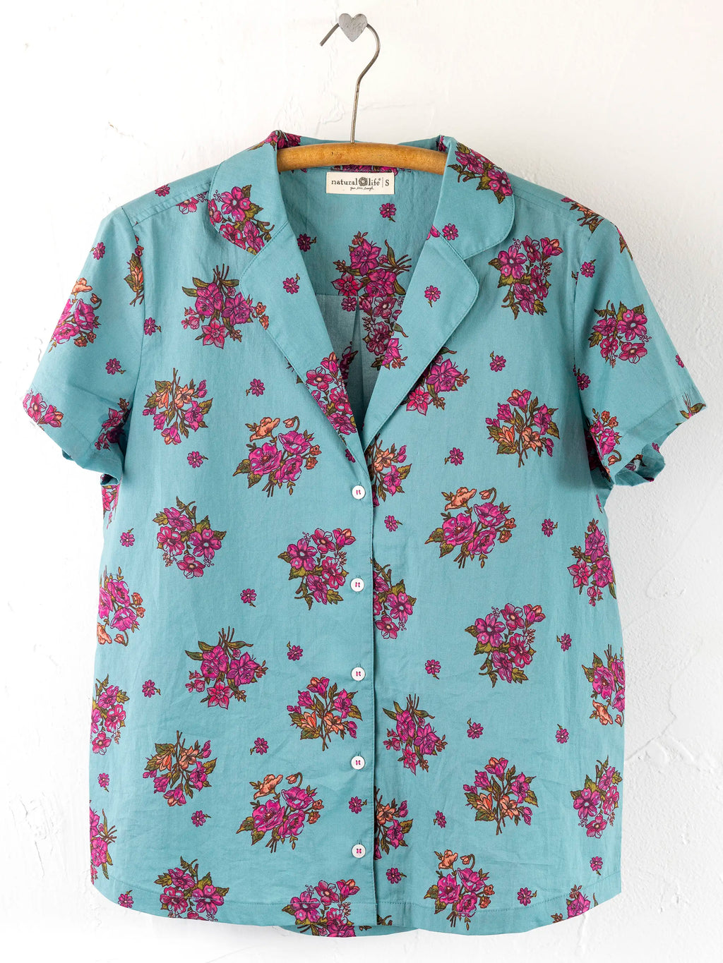 Mix & Match Cotton Short Sleeve Pajama Top - Flower Picking Teal