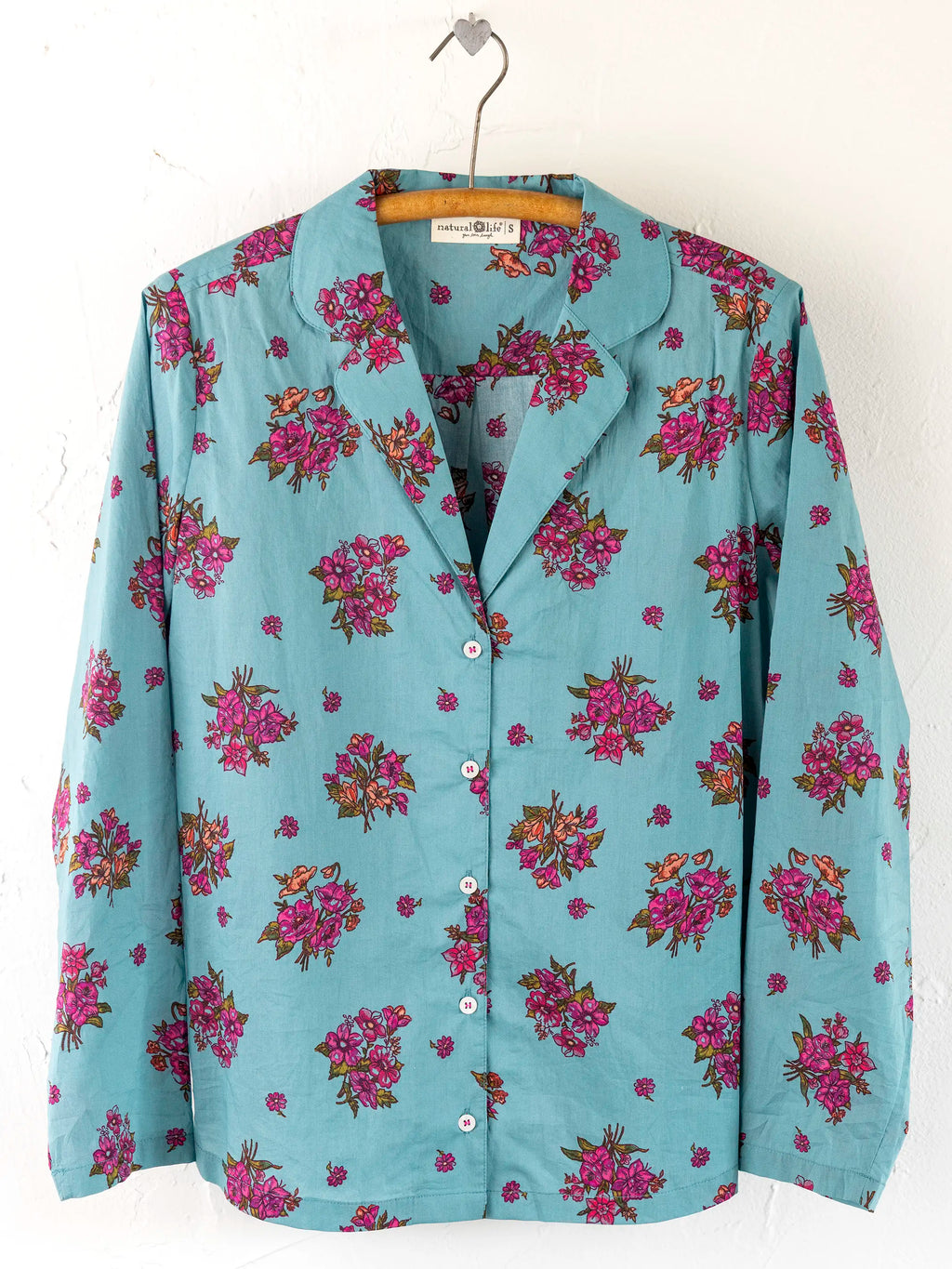 Mix & Match Cotton Long Sleeve Pajama Top - Flower Picking Teal