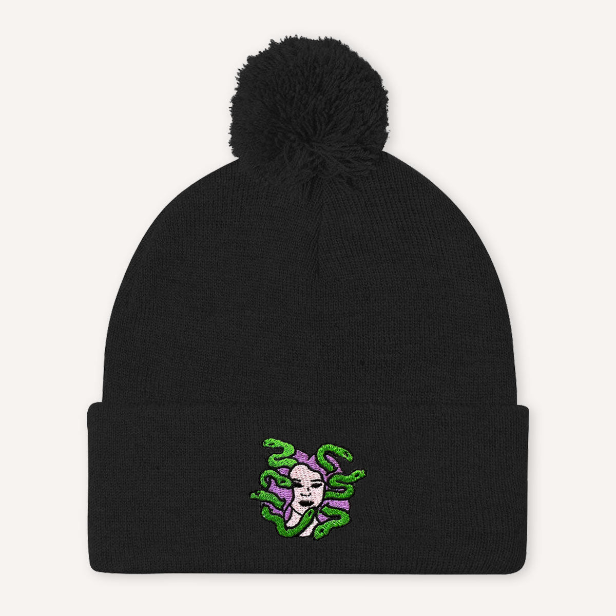 Medusa Embroidered Pom Pom Beanie Hat