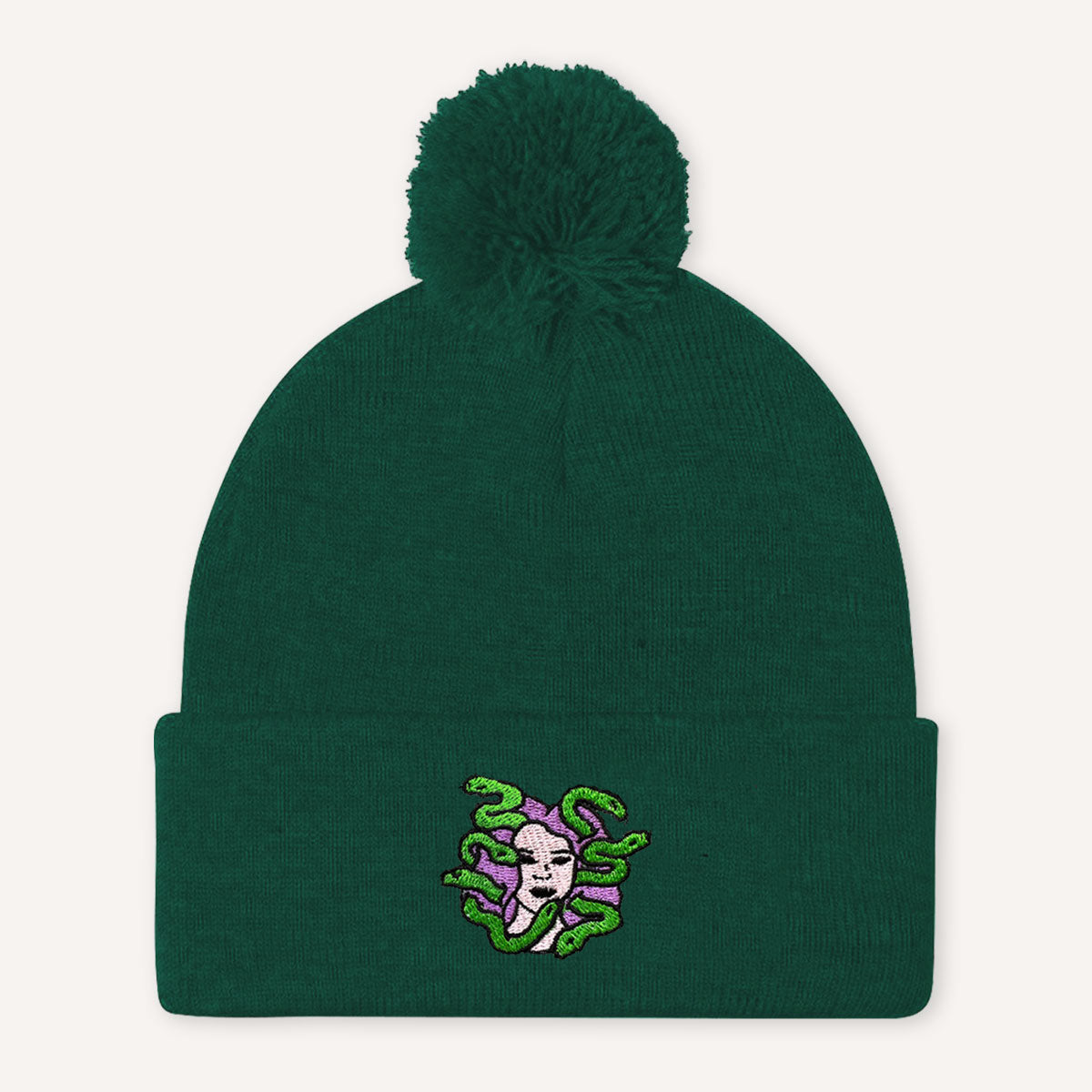 Medusa Embroidered Pom Pom Beanie Hat