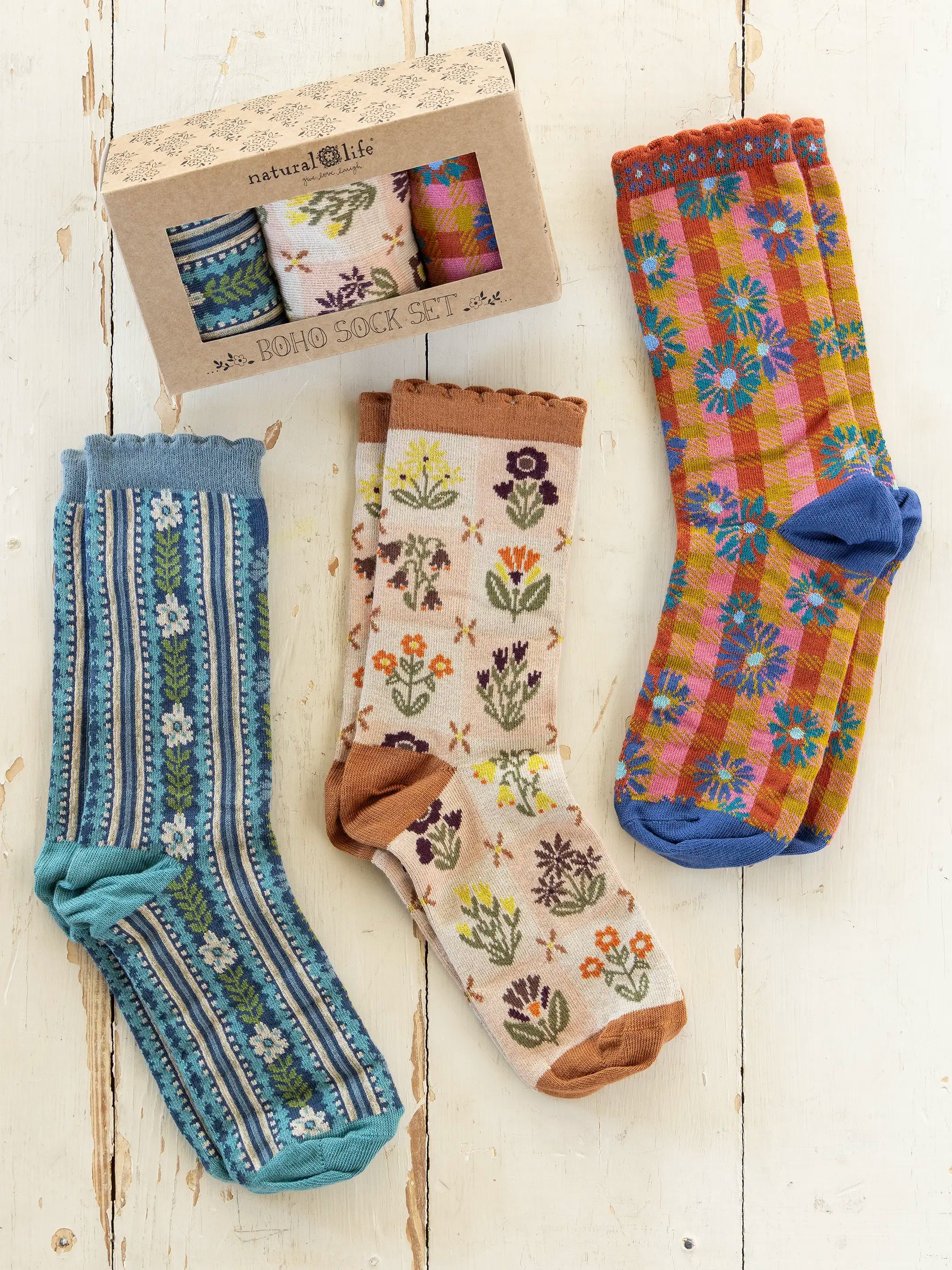 Boxed Boho Sock Set, Set of 3 - Cream Folk Floral