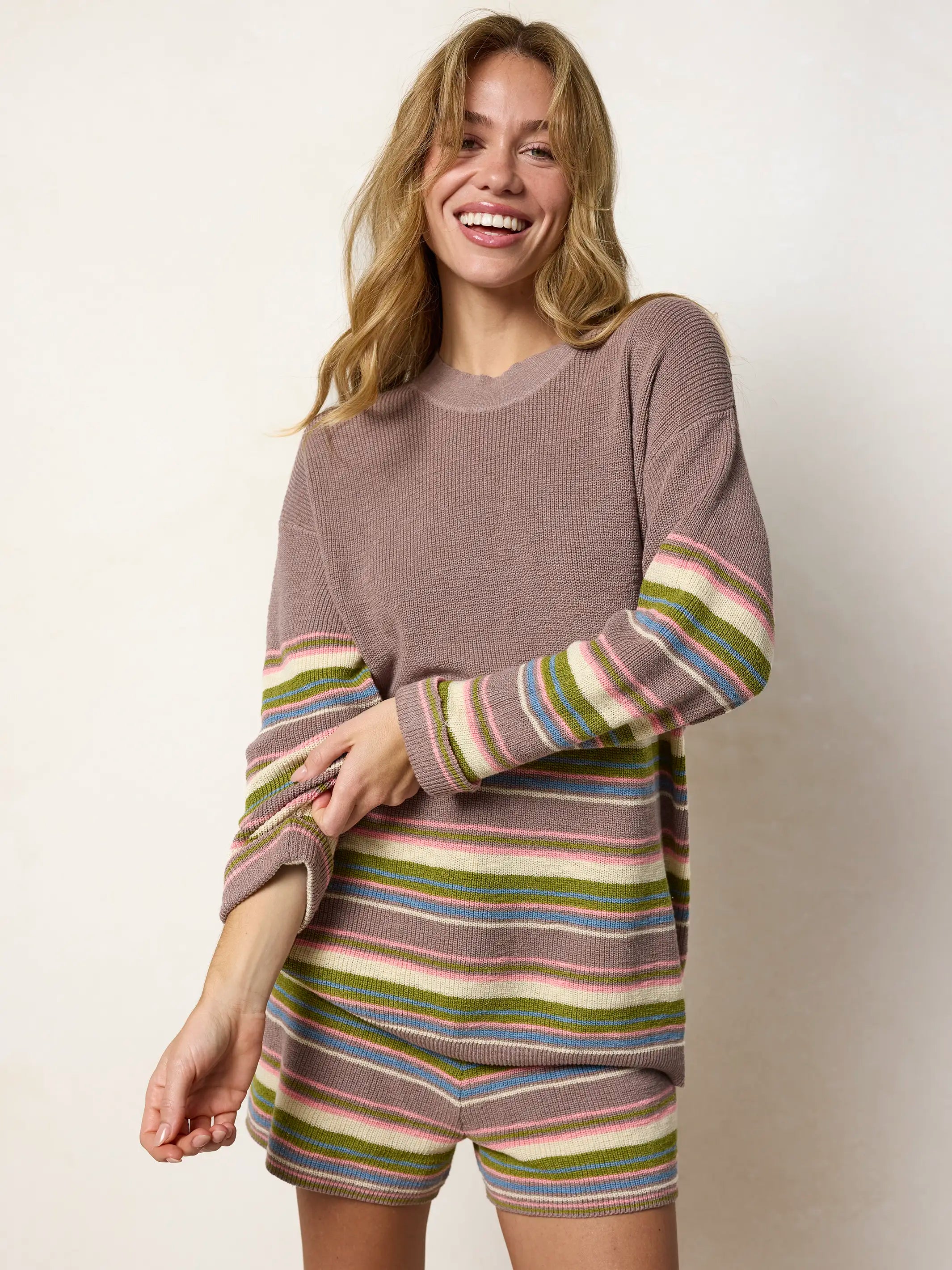 Lounge & Go Striped Cotton Shorts Set - Light Mauve