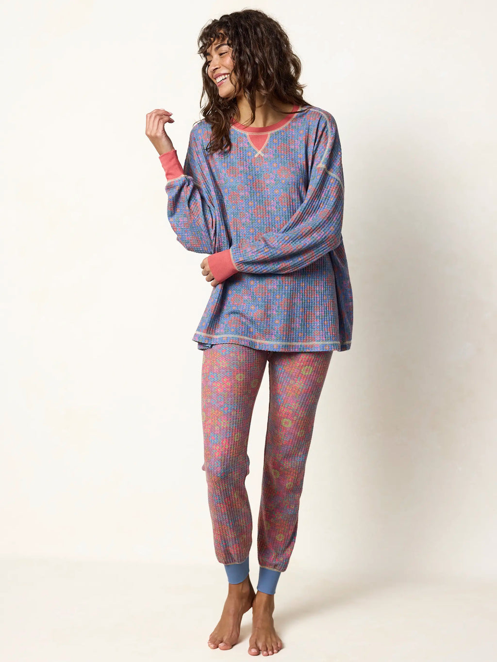 Mix & Match Waffle Pajama Top - Washed Navy Zinnias