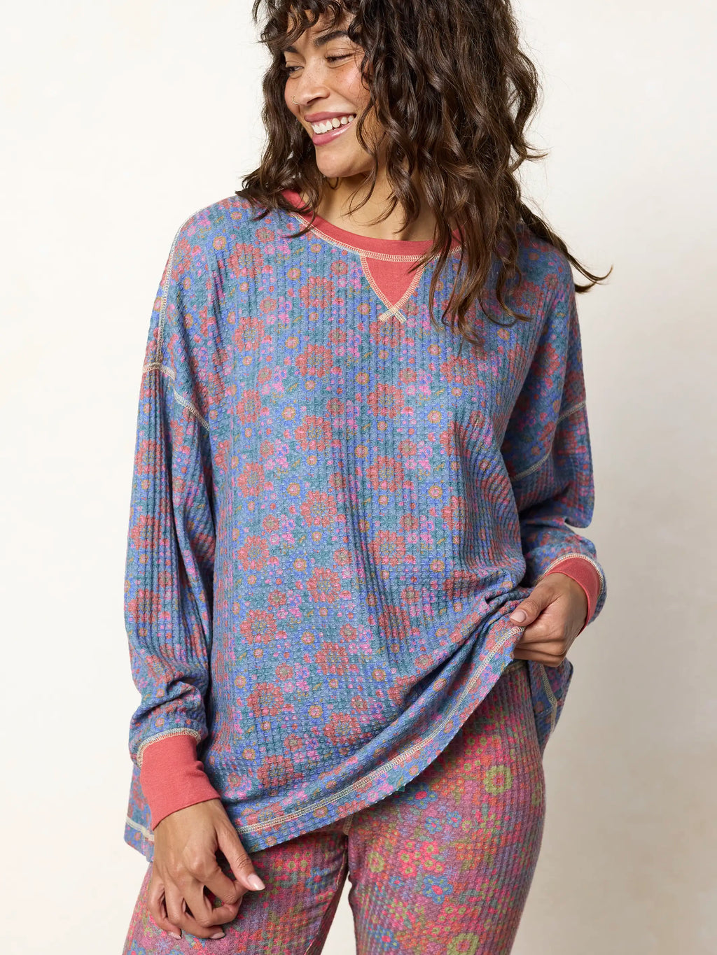 Mix & Match Waffle Pajama Top - Washed Navy Zinnias