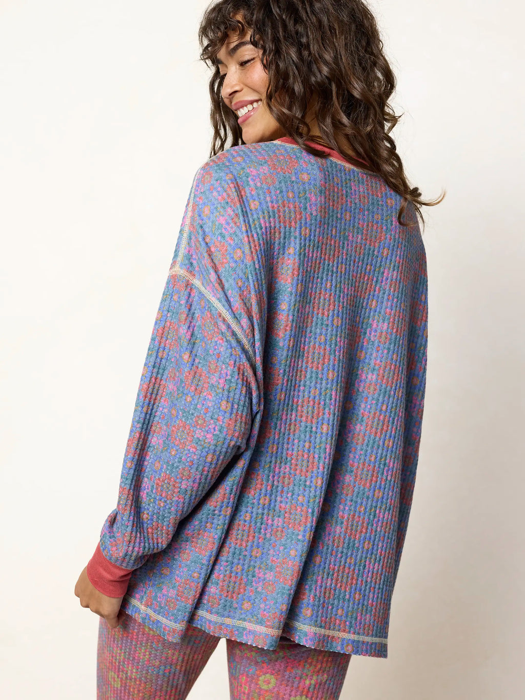 Mix & Match Waffle Pajama Top - Washed Navy Zinnias