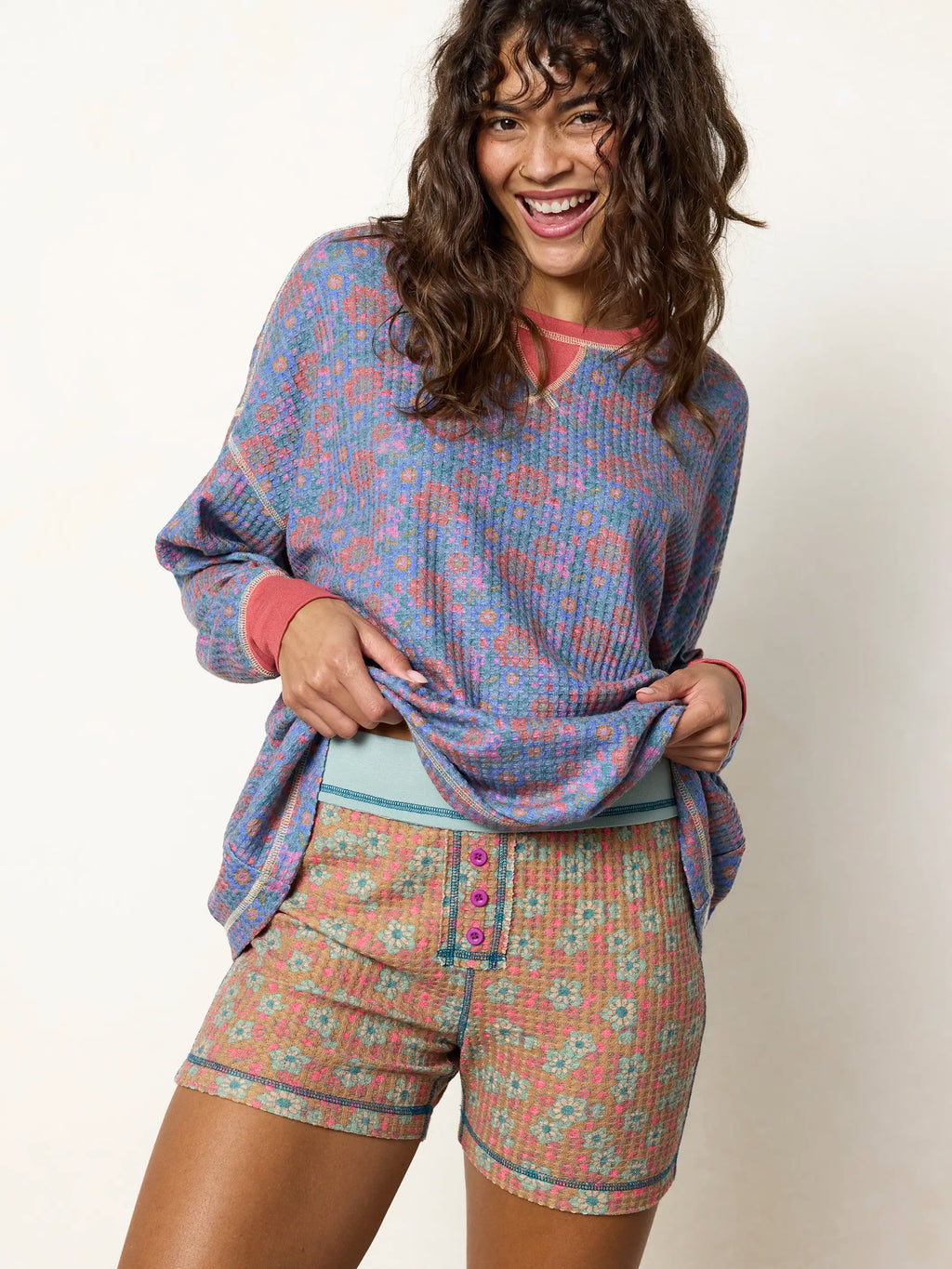Mix & Match Waffle Pajama Top - Washed Navy Zinnias
