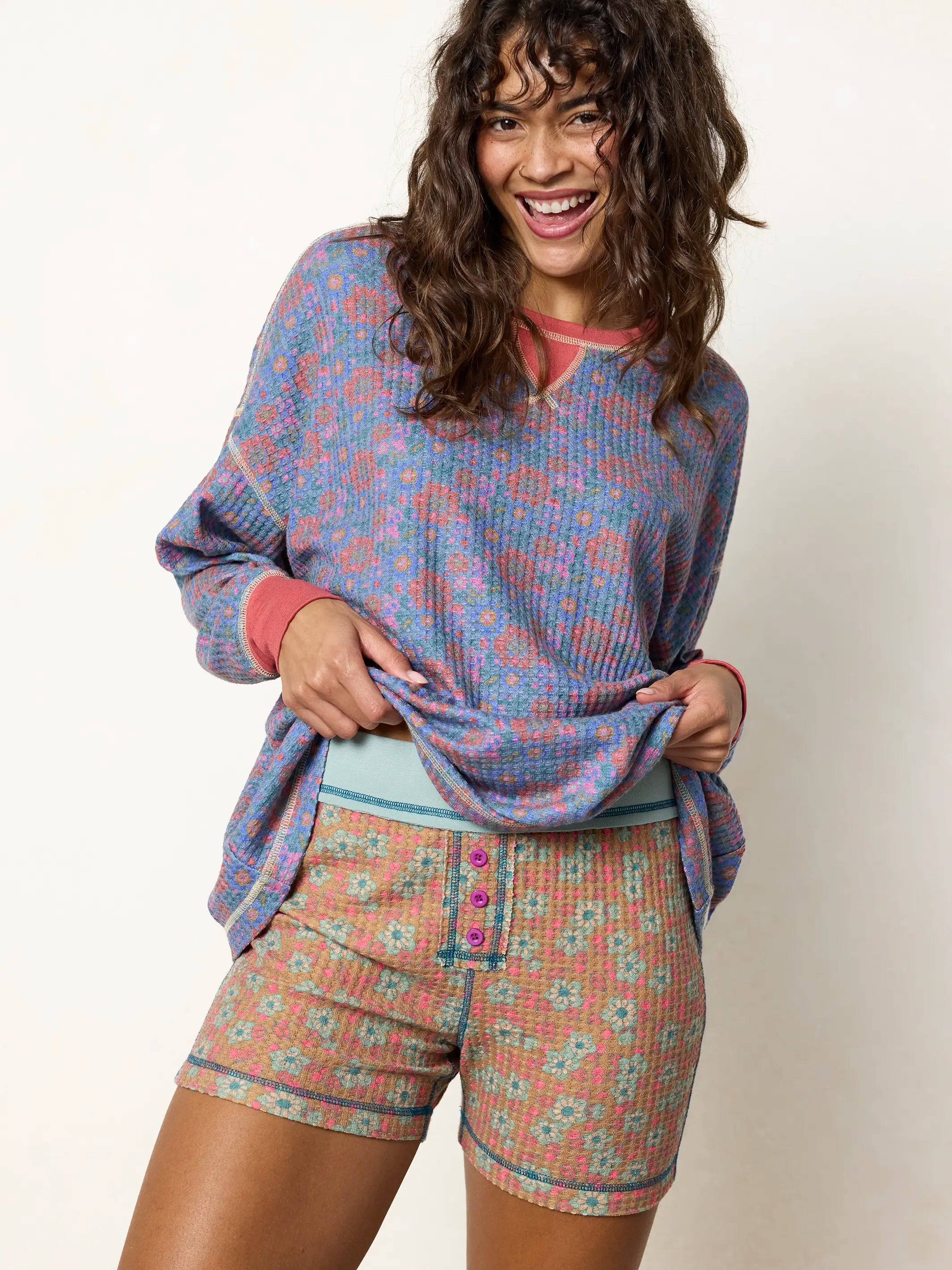 Mix & Match Waffle Pajama Top - Washed Navy Zinnias