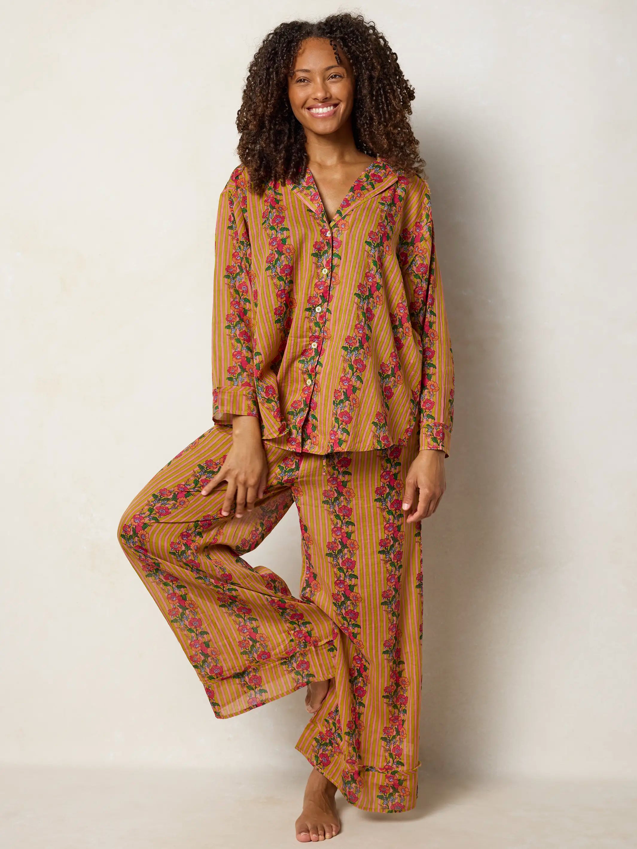 Dreamy Cotton Pajama Set - Pink Floral Stripe
