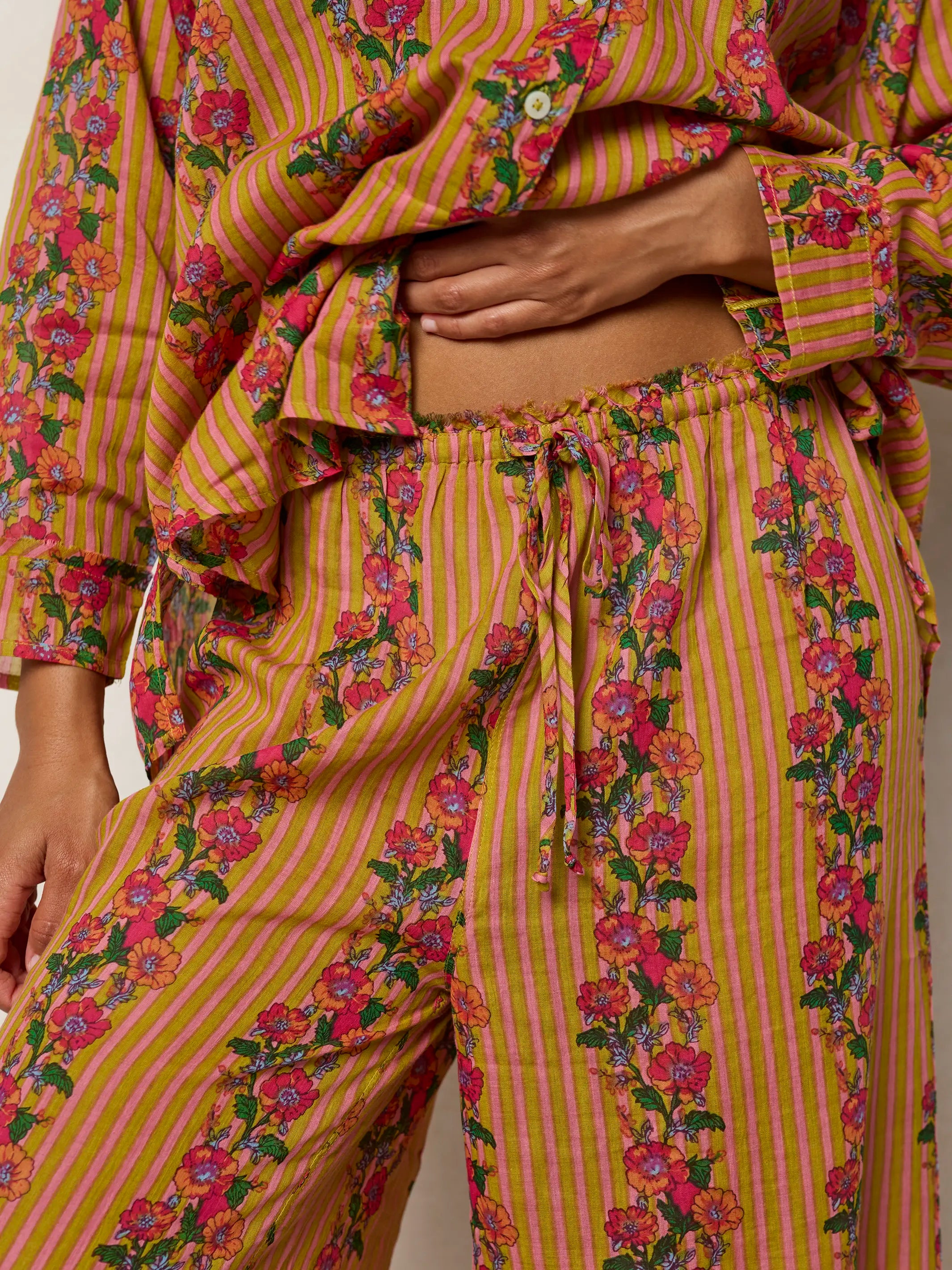 Dreamy Cotton Pajama Set - Pink Floral Stripe