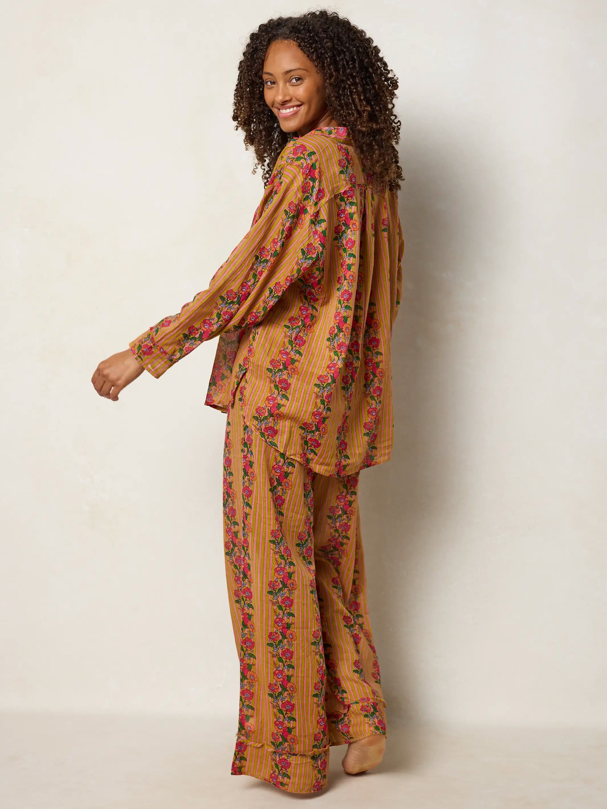 Dreamy Cotton Pajama Set - Pink Floral Stripe