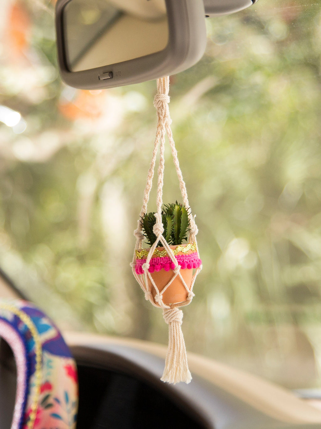 Mini Macrame Faux Succulent Car Charm - Cream
