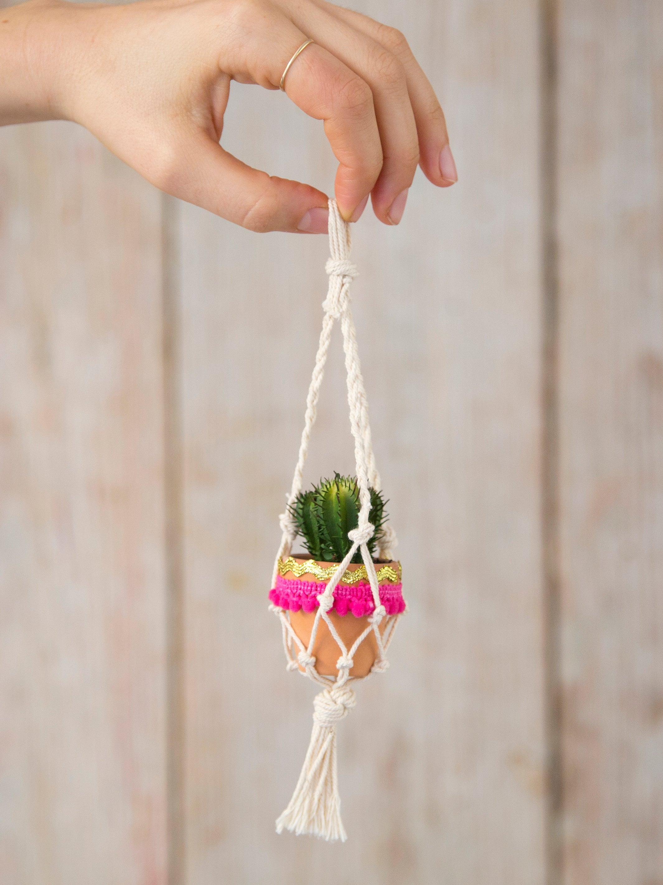 Mini Macrame Faux Succulent Car Charm - Cream