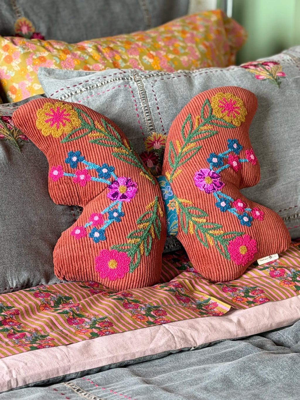 Cotton Corduroy Tufted Pillow - Butterfly