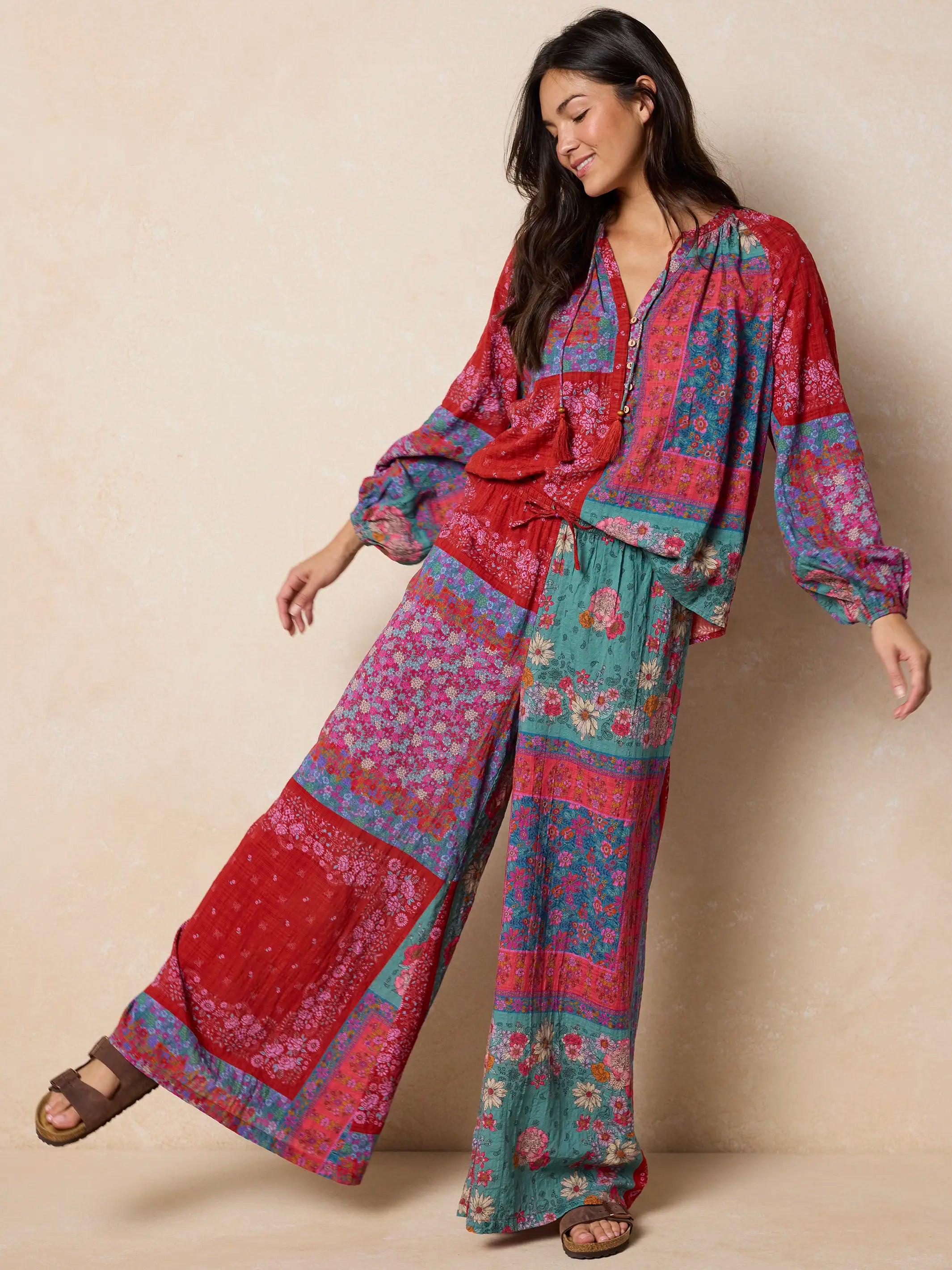 Go With The Flow Wide Leg Pants - Jewel Positano Scarf