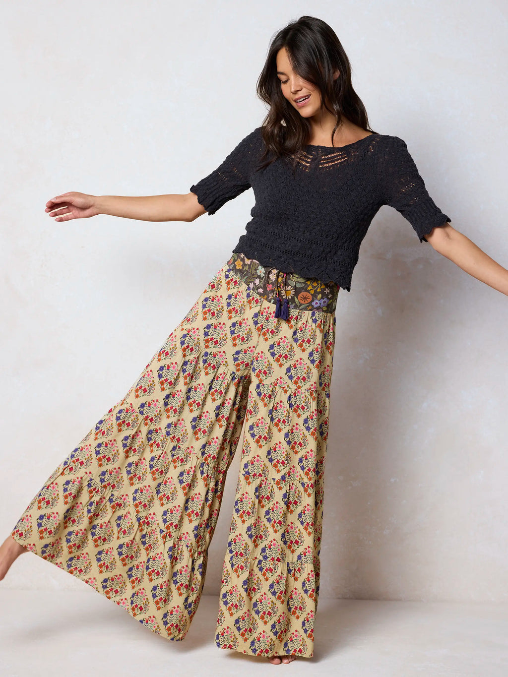 Cami Tie-Front Palazzo Pants - Ditsy Diamonds Cream