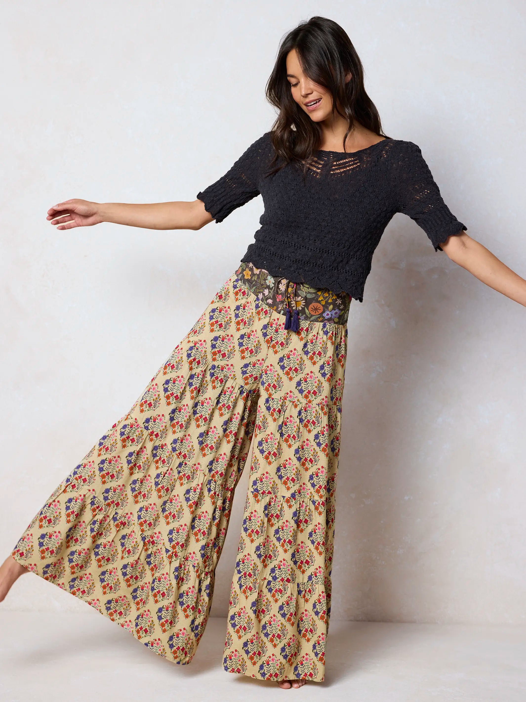 Cami Tie-Front Palazzo Pants - Ditsy Diamonds Cream