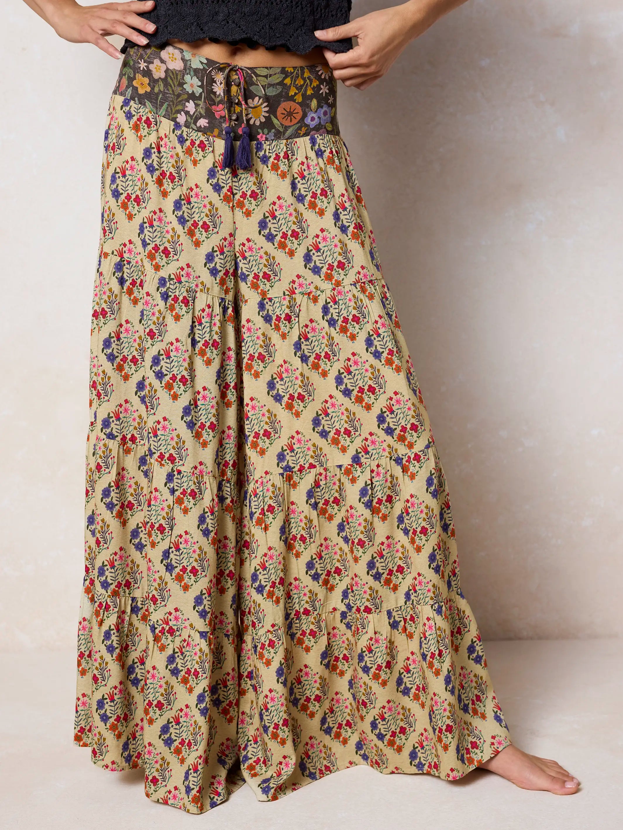 Cami Tie-Front Palazzo Pants - Ditsy Diamonds Cream