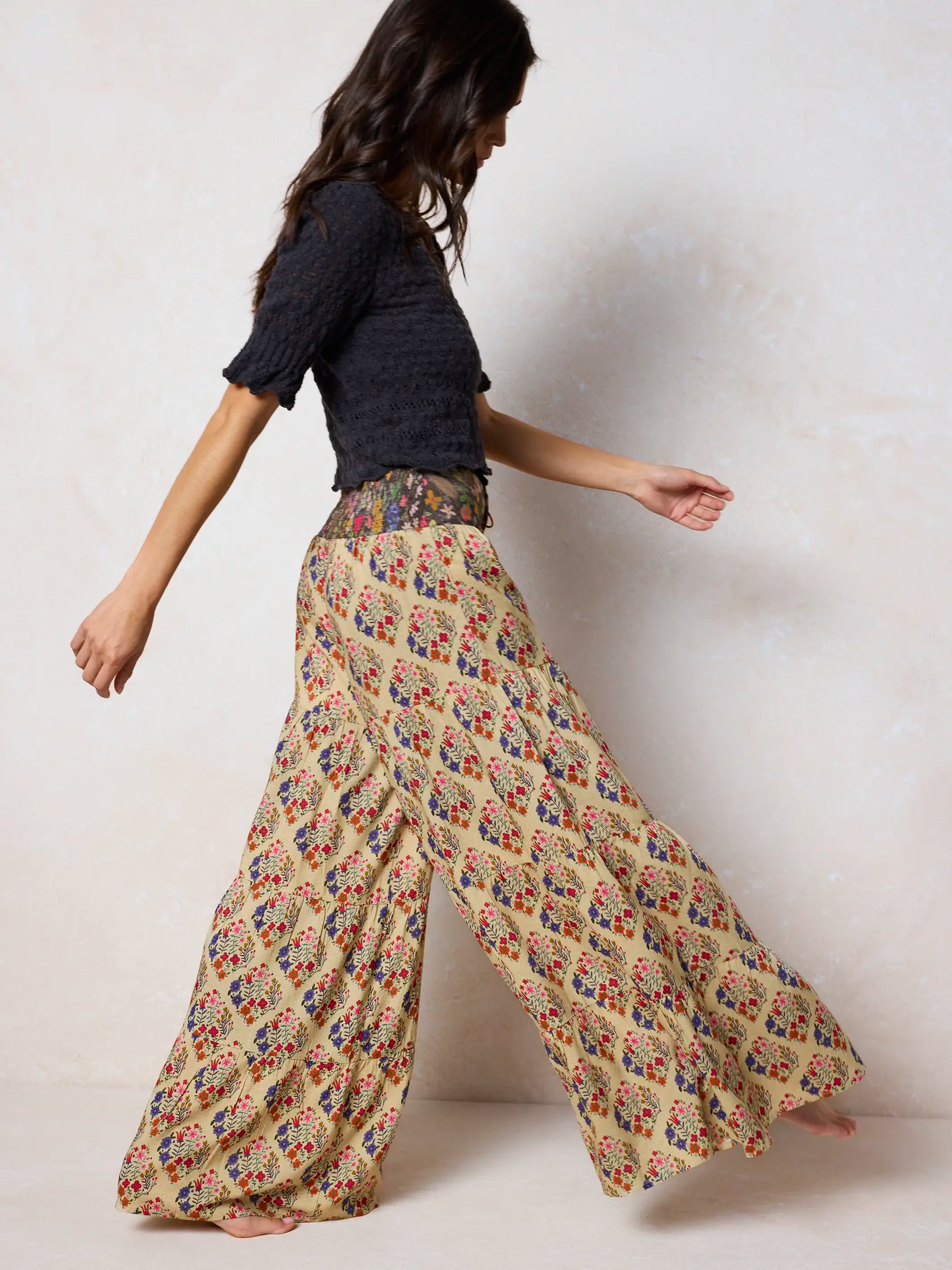 Cami Tie-Front Palazzo Pants - Ditsy Diamonds Cream