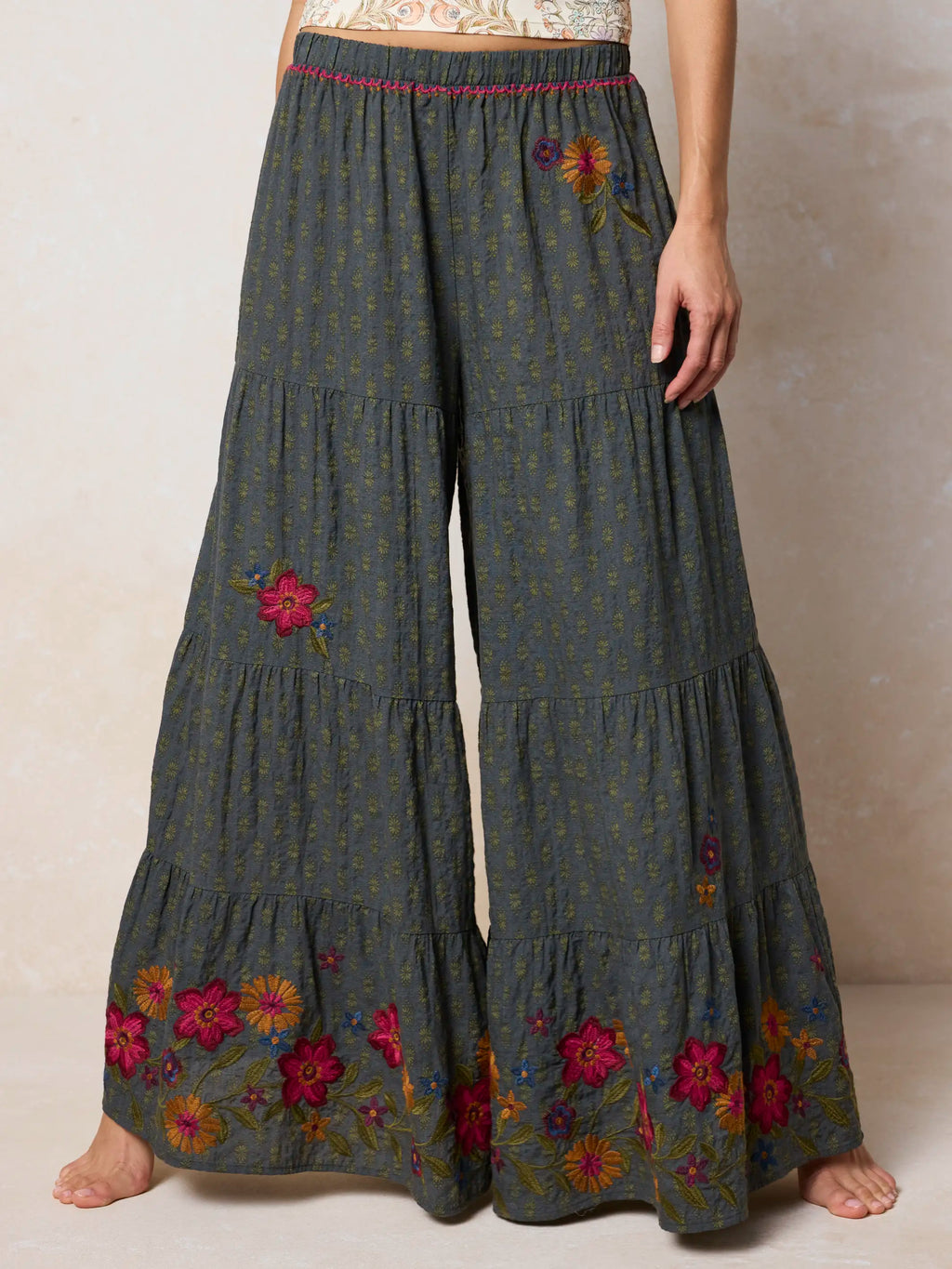 Patti Embroidered Palazzo Pants - Alma Stamp Charcoal