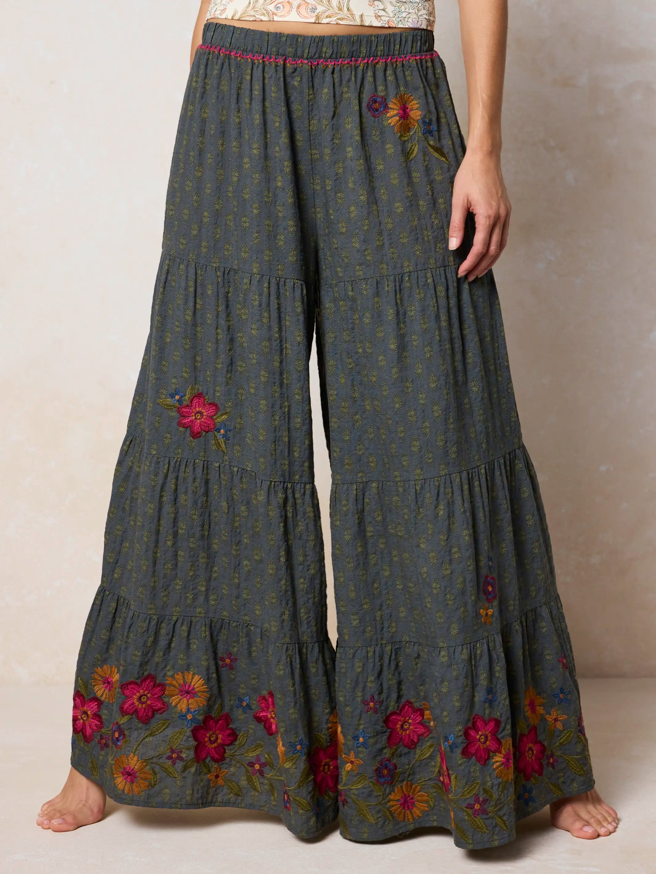 Patti Embroidered Palazzo Pants - Alma Stamp Charcoal