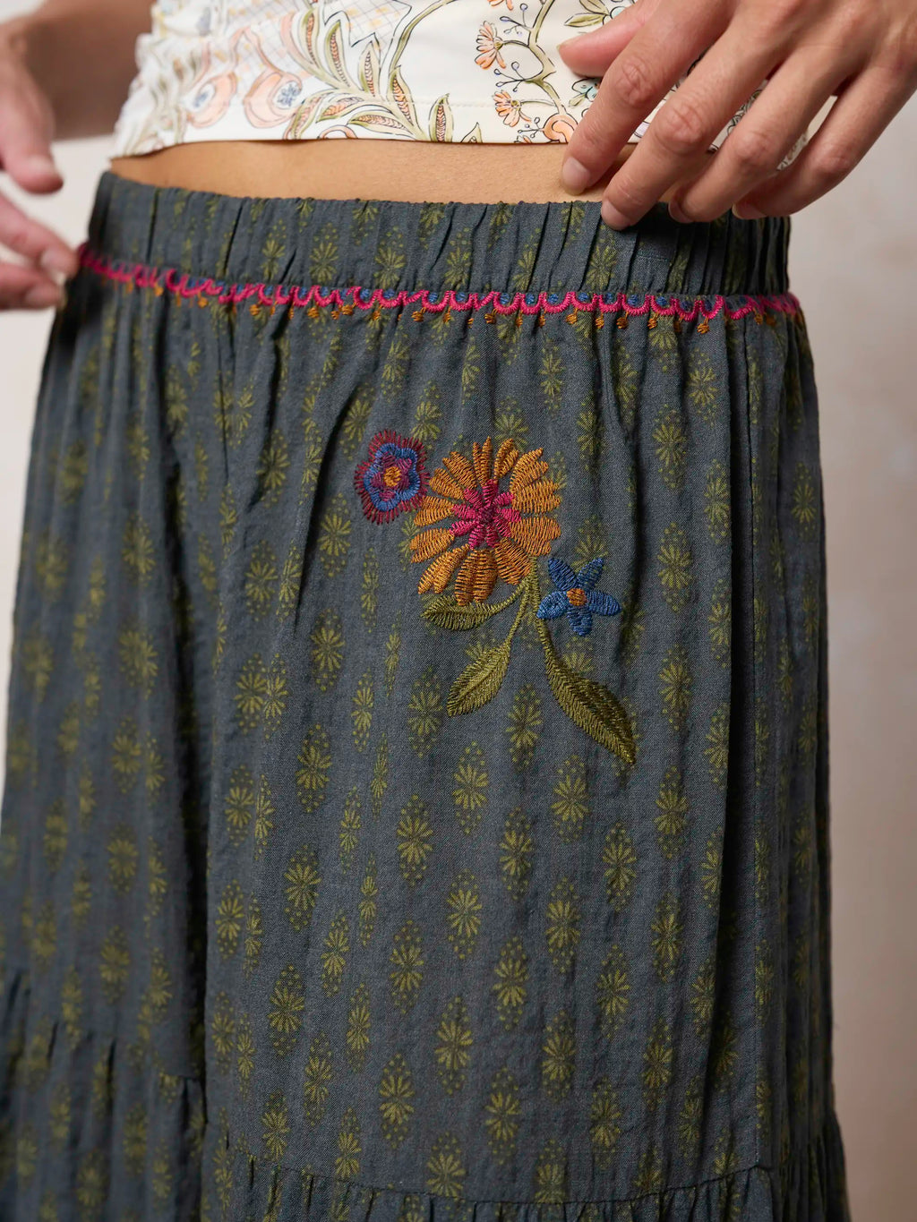 Patti Embroidered Palazzo Pants - Alma Stamp Charcoal