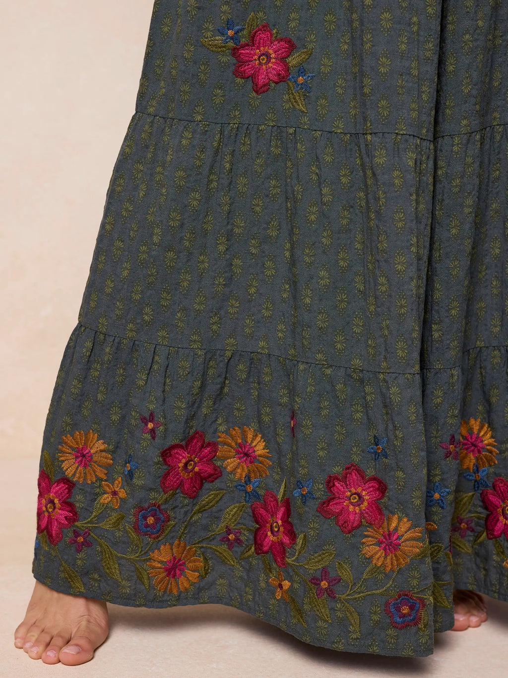 Patti Embroidered Palazzo Pants - Alma Stamp Charcoal