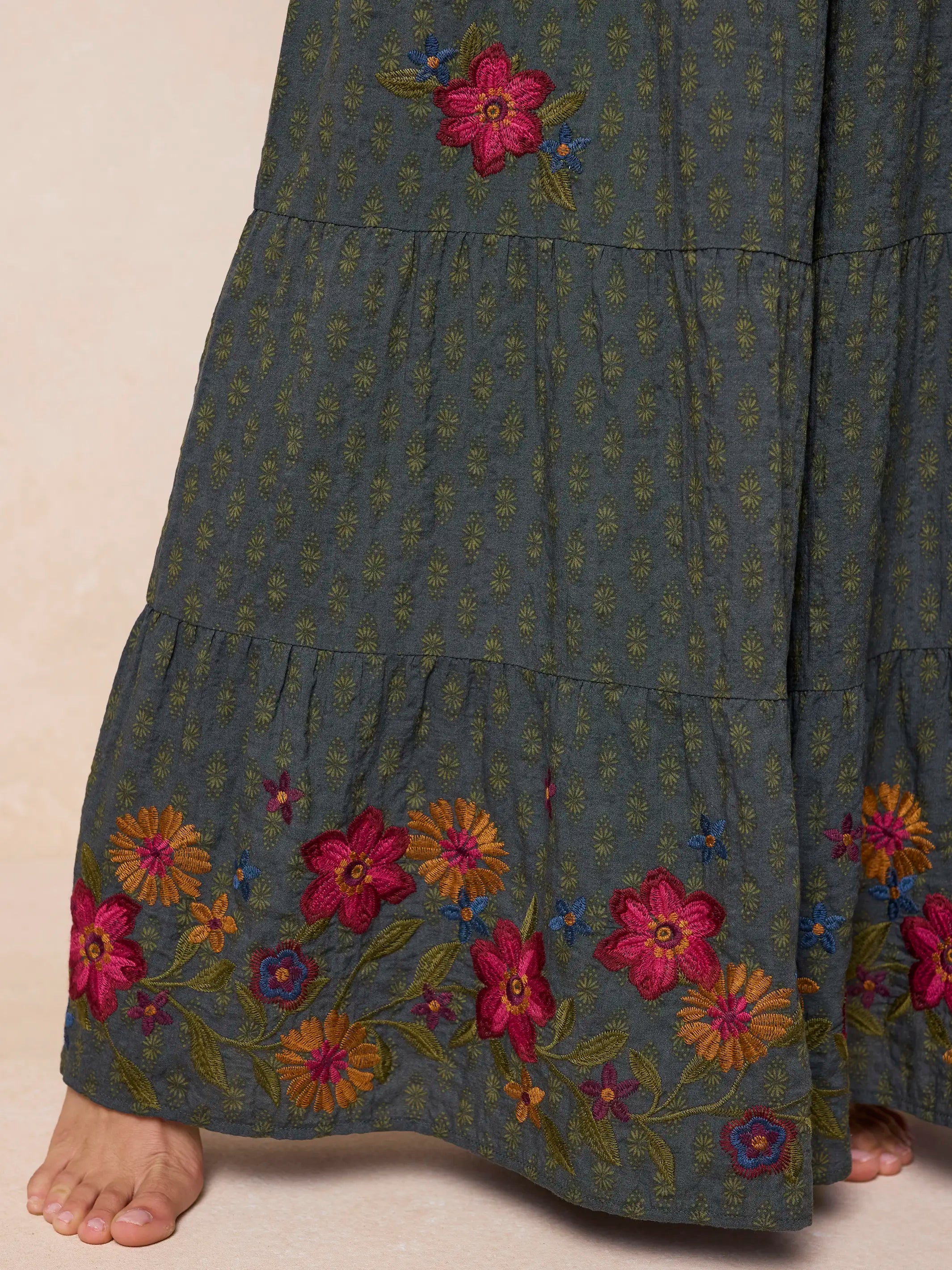 Patti Embroidered Palazzo Pants - Alma Stamp Charcoal