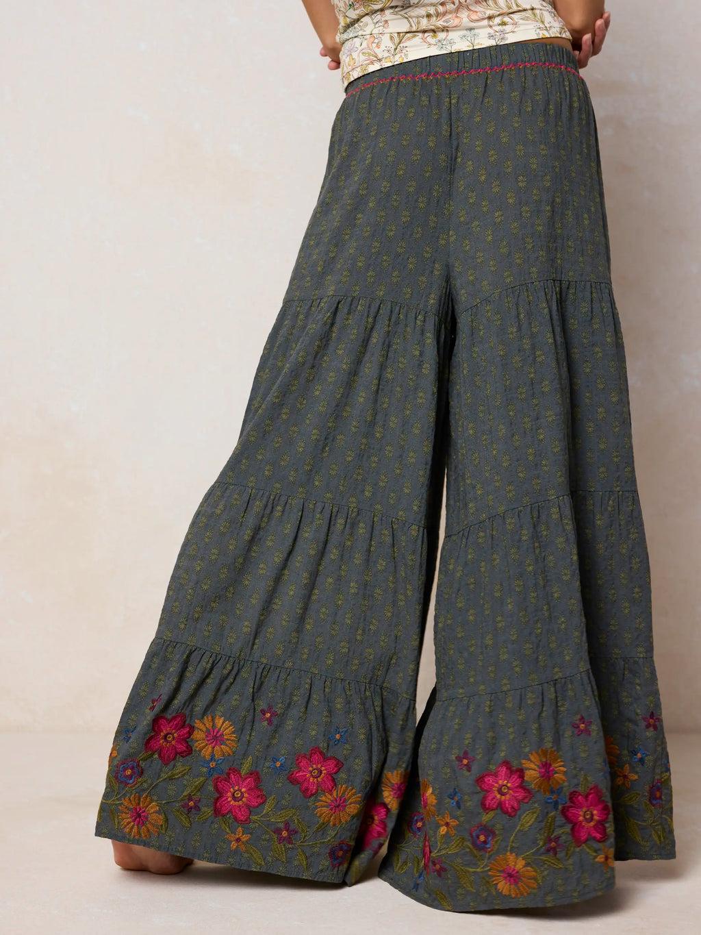 Patti Embroidered Palazzo Pants - Alma Stamp Charcoal