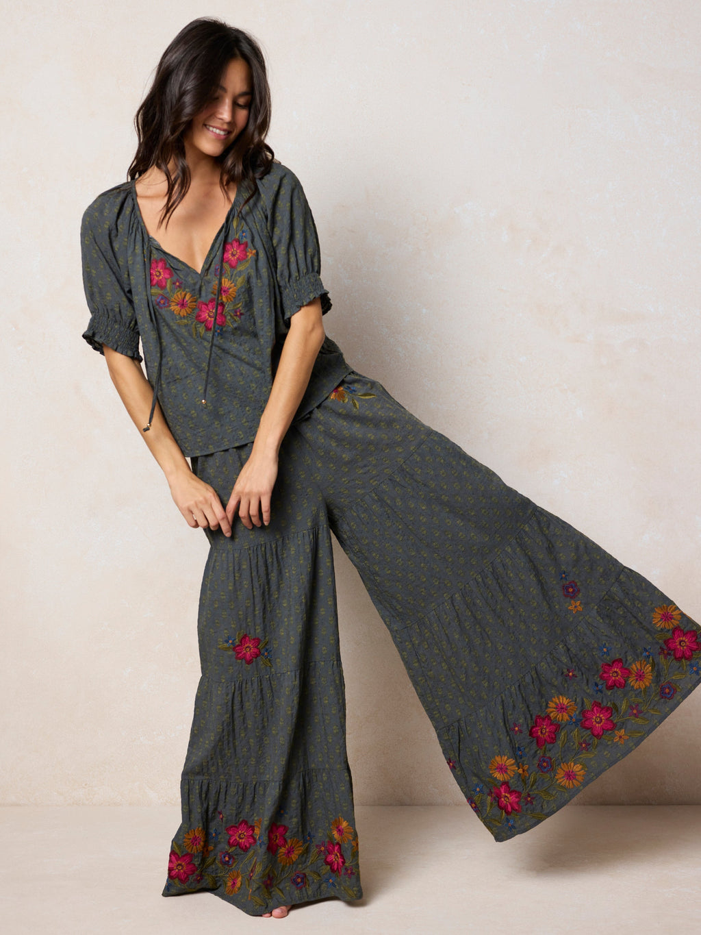Patti Embroidered Palazzo Pants - Alma Stamp Charcoal