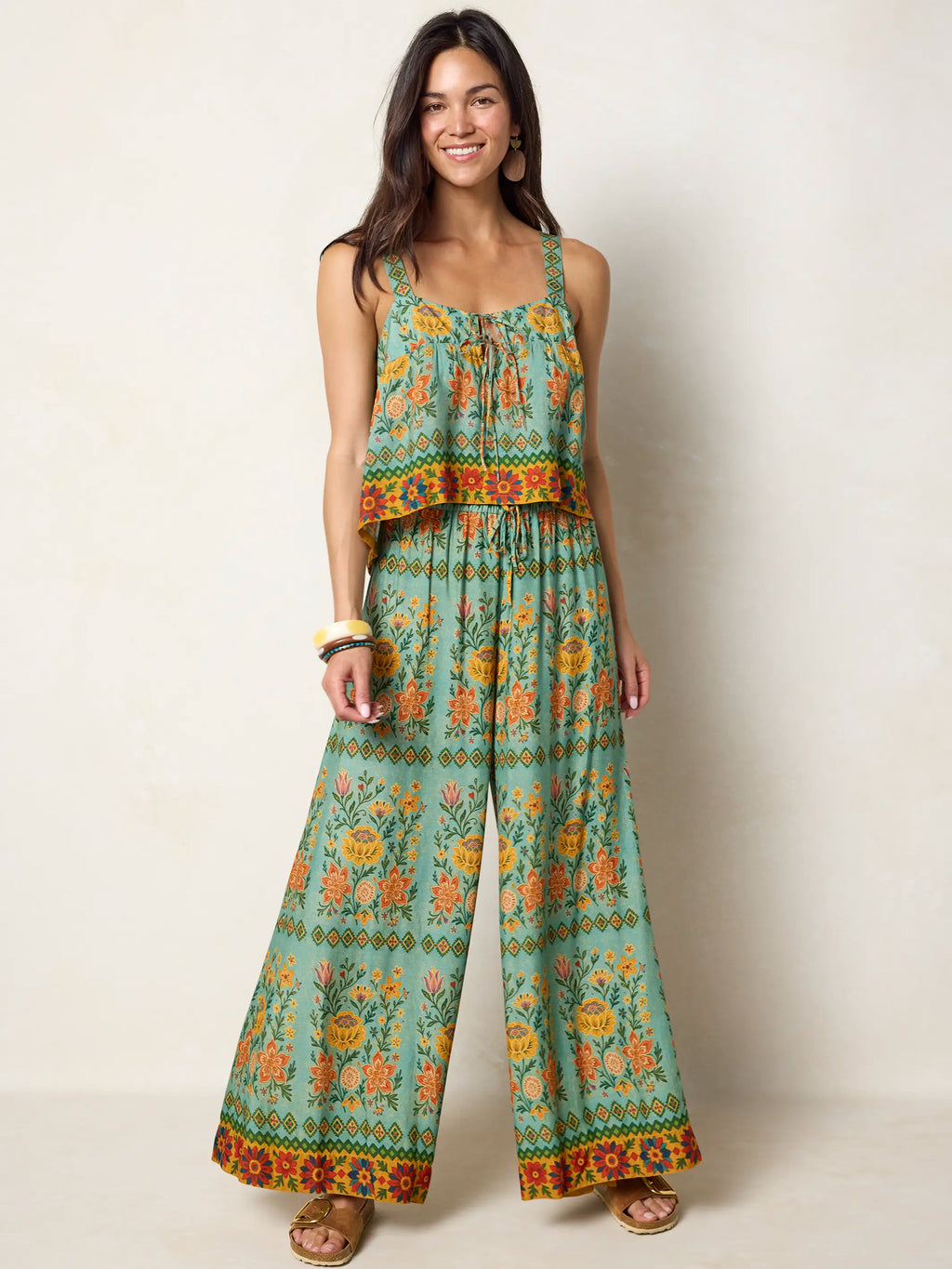 Go With The Flow Wide Leg Pants - Buttercup Floral Seafoam