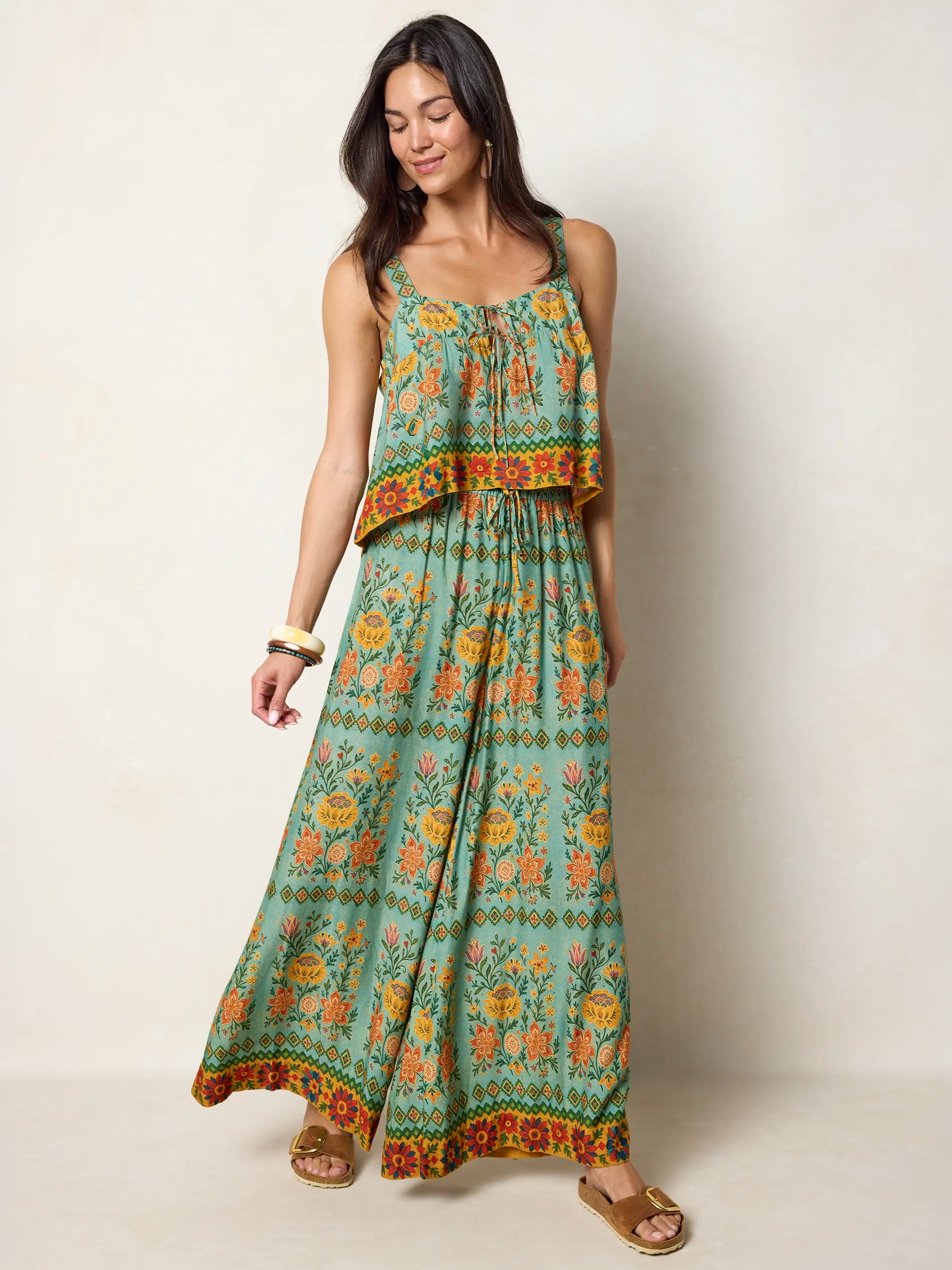 Go With The Flow Wide Leg Pants - Buttercup Floral Seafoam