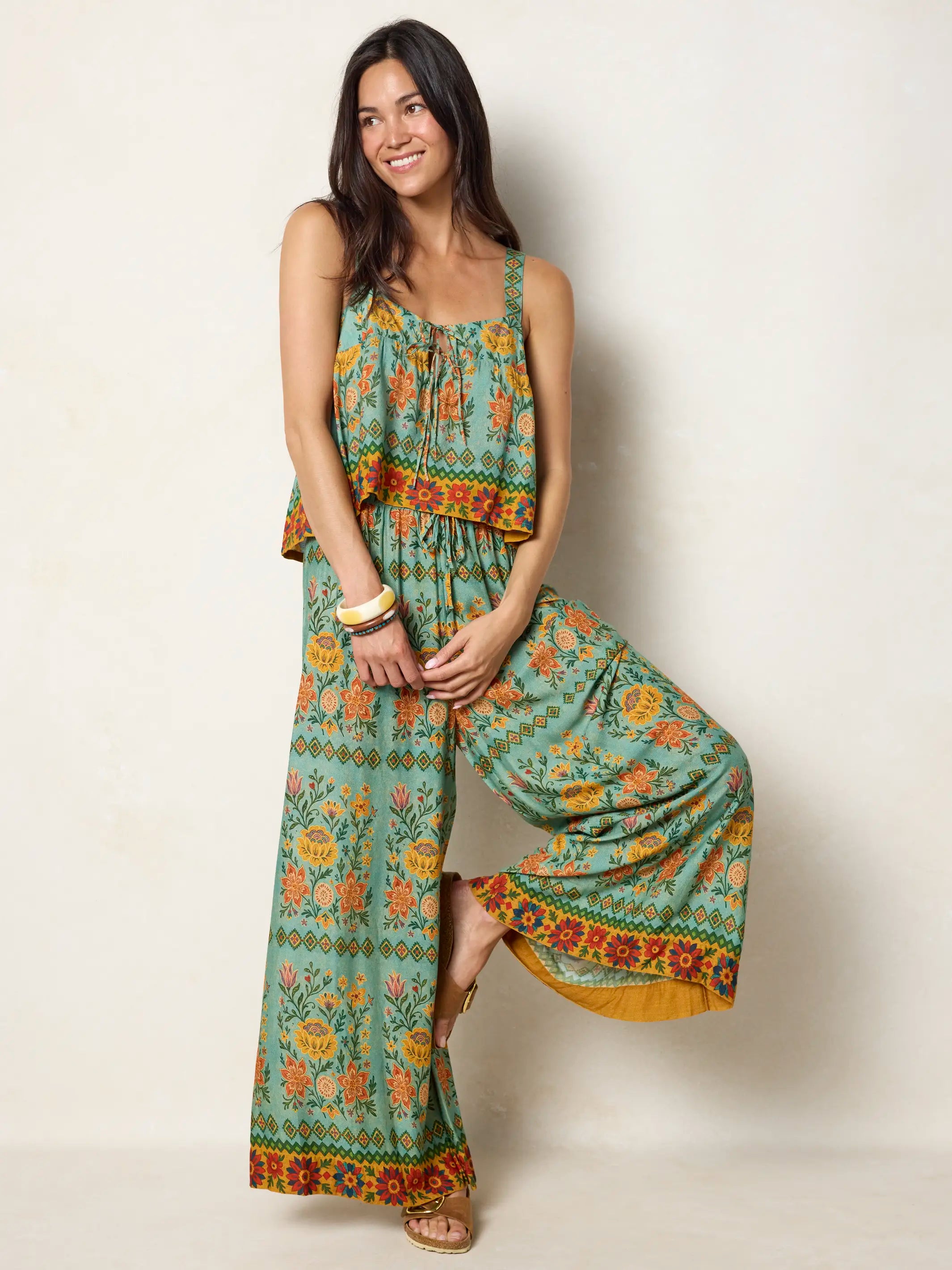 Go With The Flow Wide Leg Pants - Buttercup Floral Seafoam
