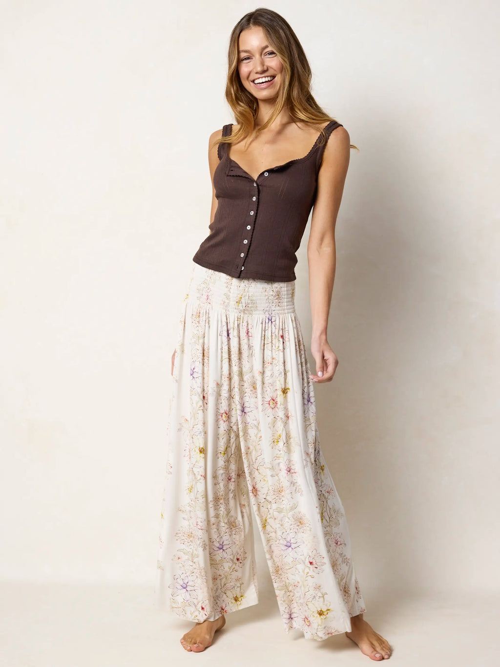 Make A Move ButterSoft Knit Palazzo Pants - Ivory Dahlia Rows
