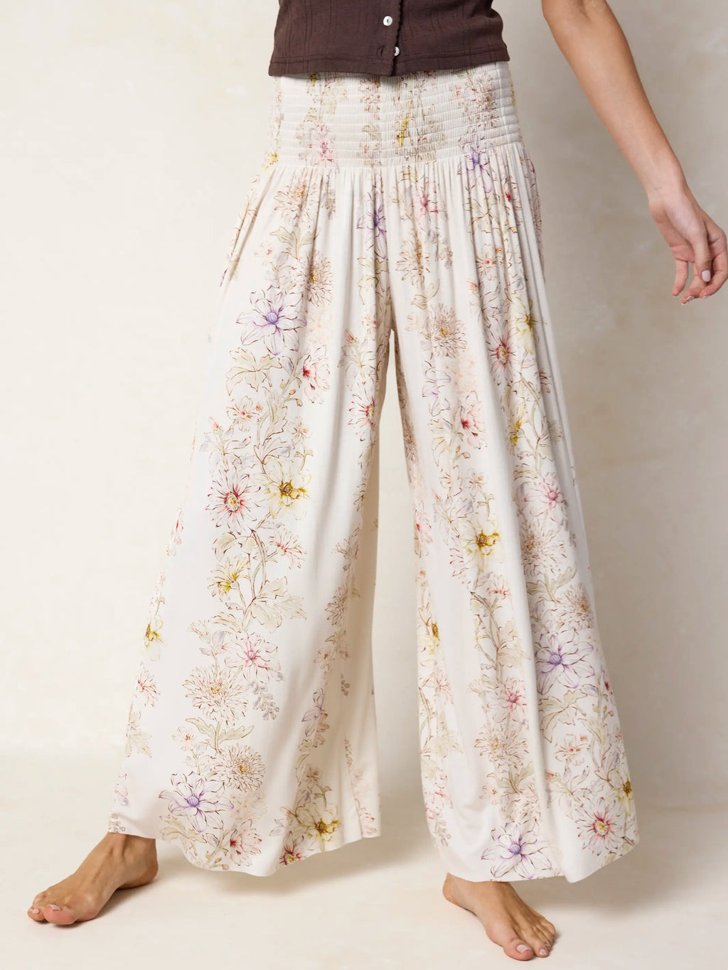 Make A Move ButterSoft Knit Palazzo Pants - Ivory Dahlia Rows