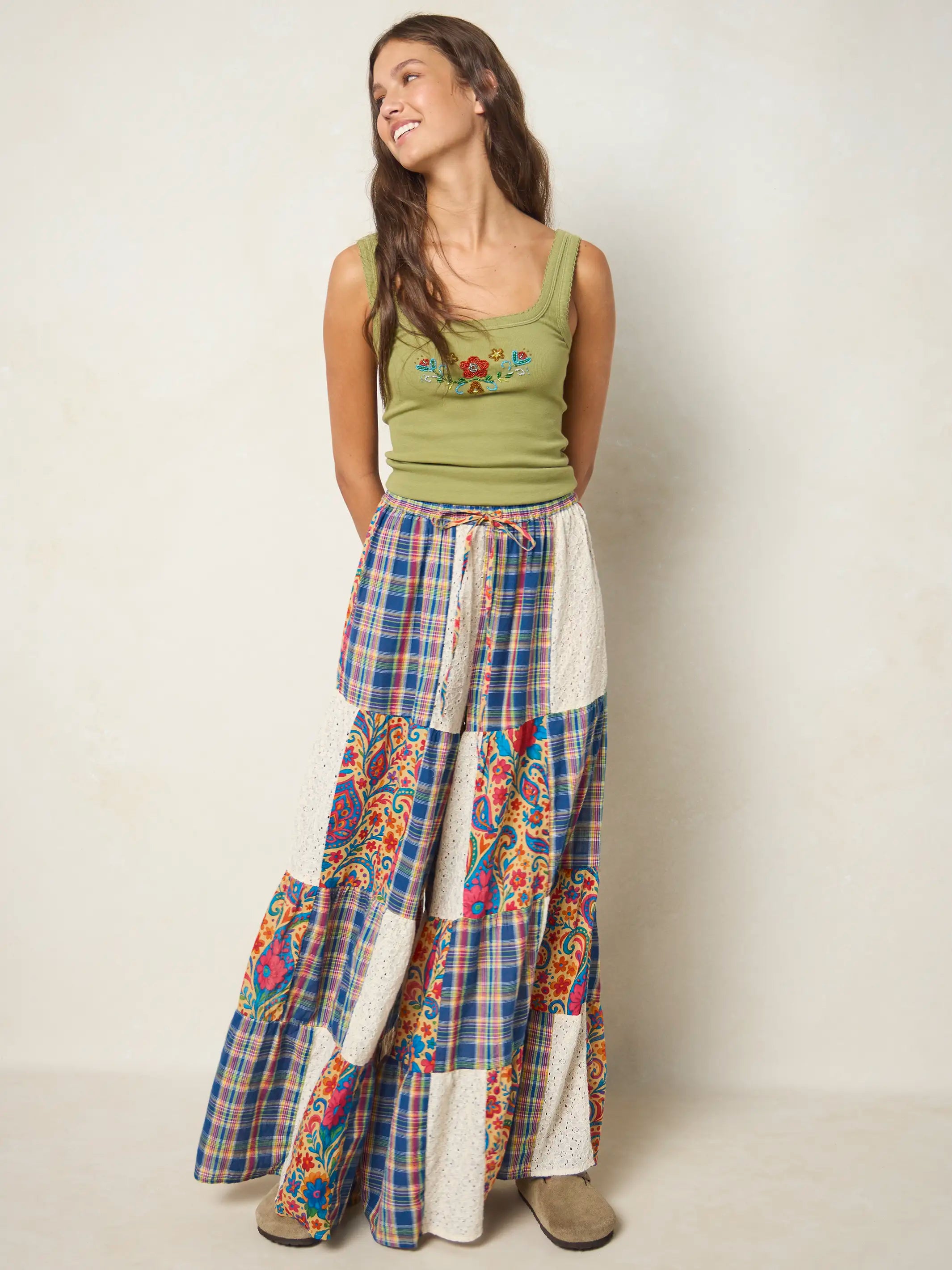 Patti Patchwork Palazzo Pants - Plaid Blue Fuchsia