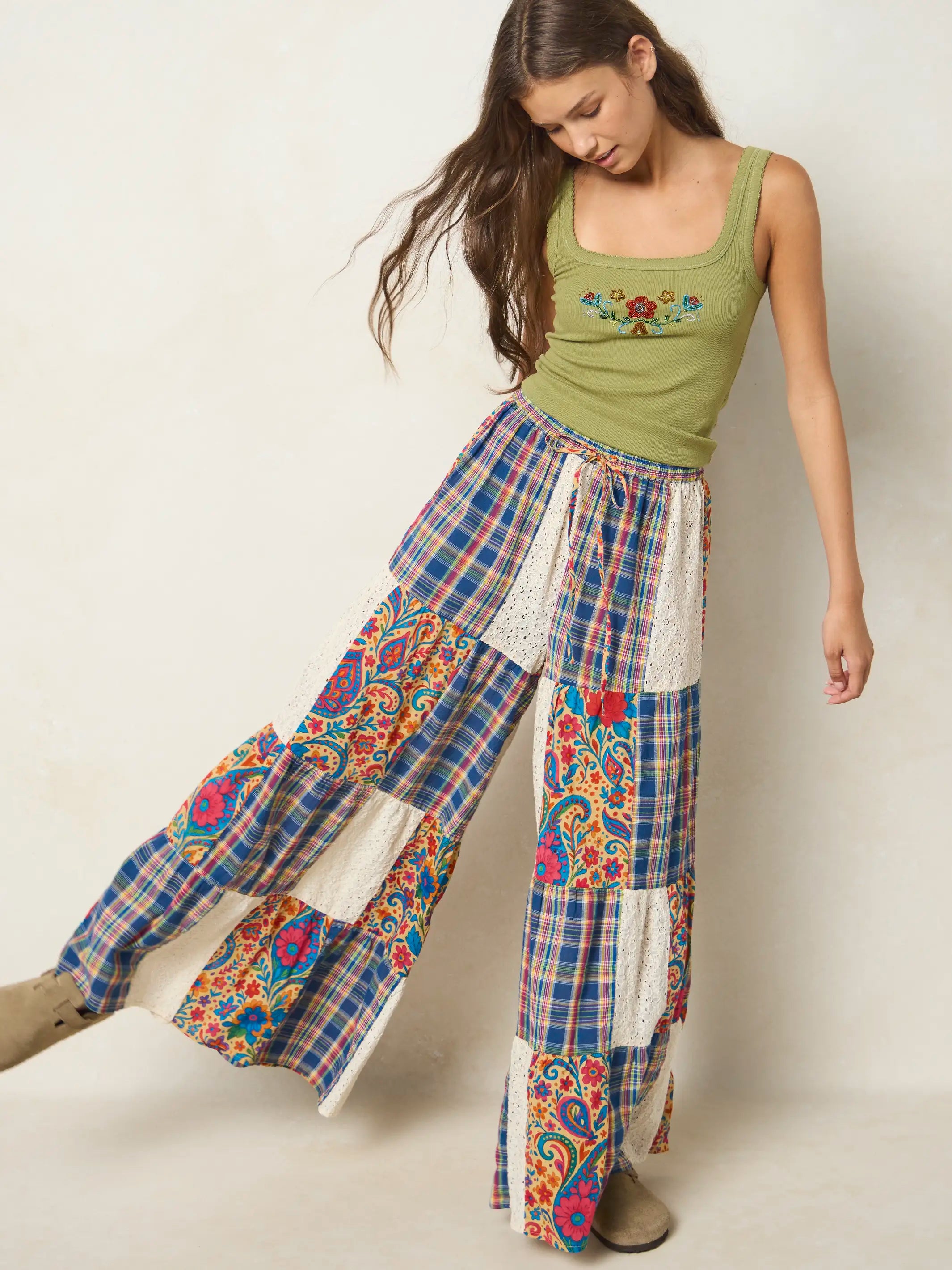 Patti Patchwork Palazzo Pants - Plaid Blue Fuchsia