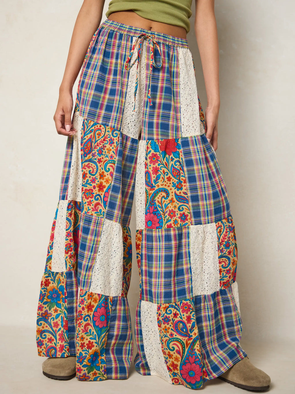 Patti Patchwork Palazzo Pants - Plaid Blue Fuchsia