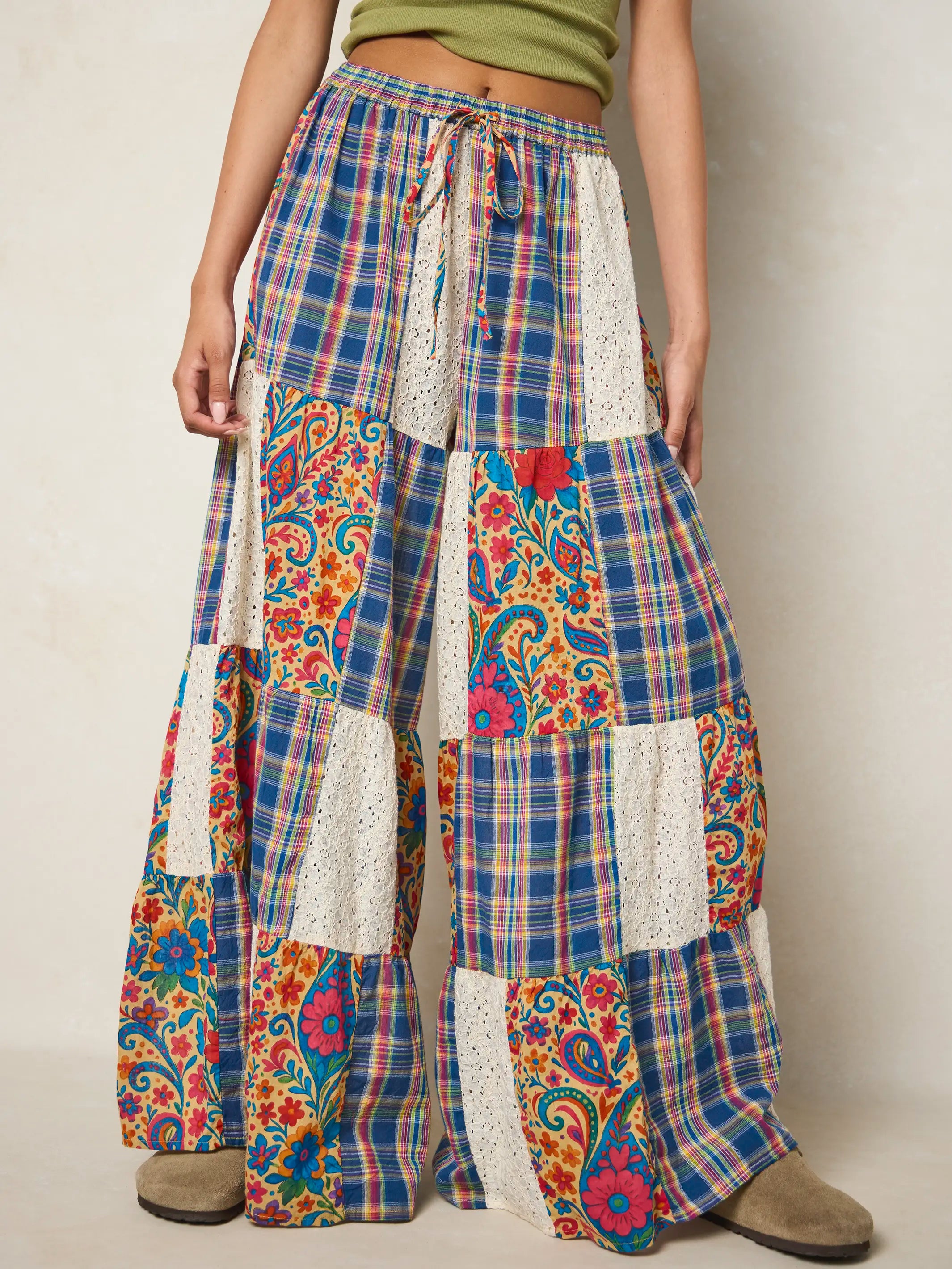Patti Patchwork Palazzo Pants - Plaid Blue Fuchsia