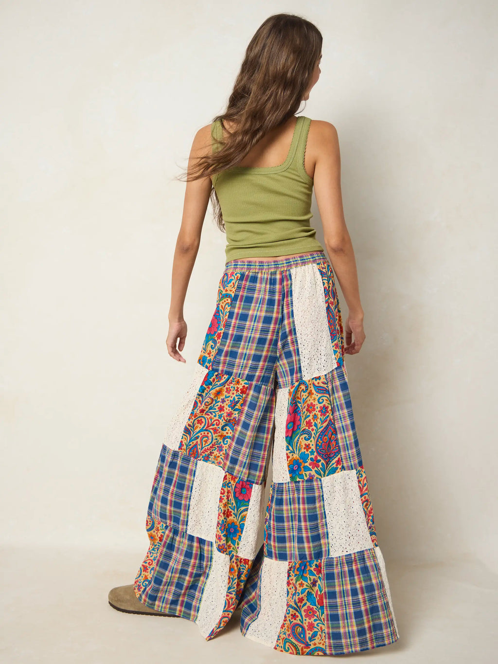 Patti Patchwork Palazzo Pants - Plaid Blue Fuchsia