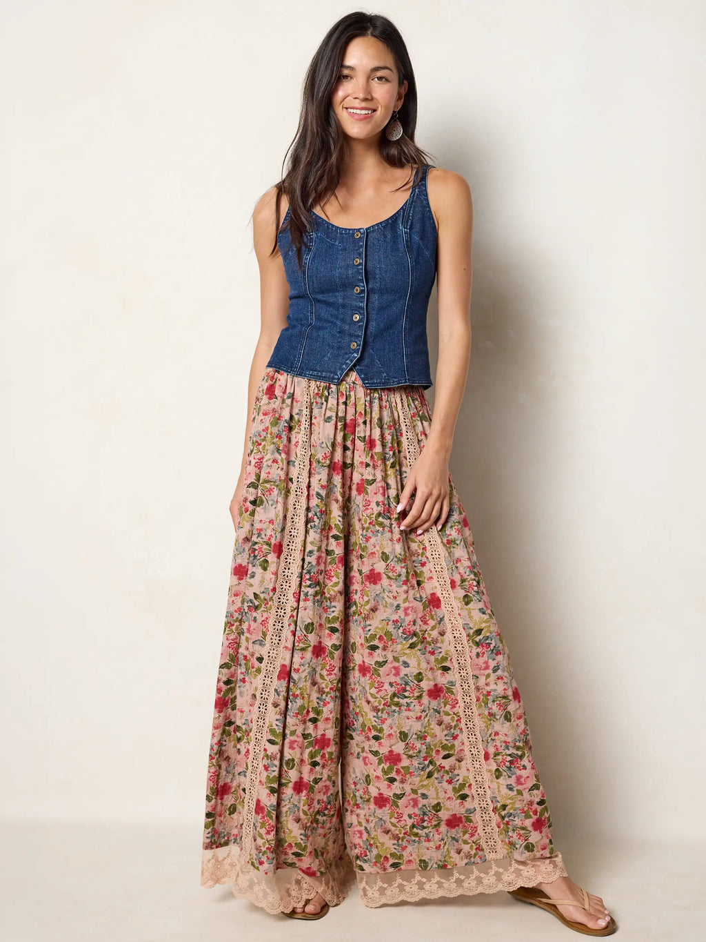 Adeline Wide-Leg Pants - Light Pink Bouquets