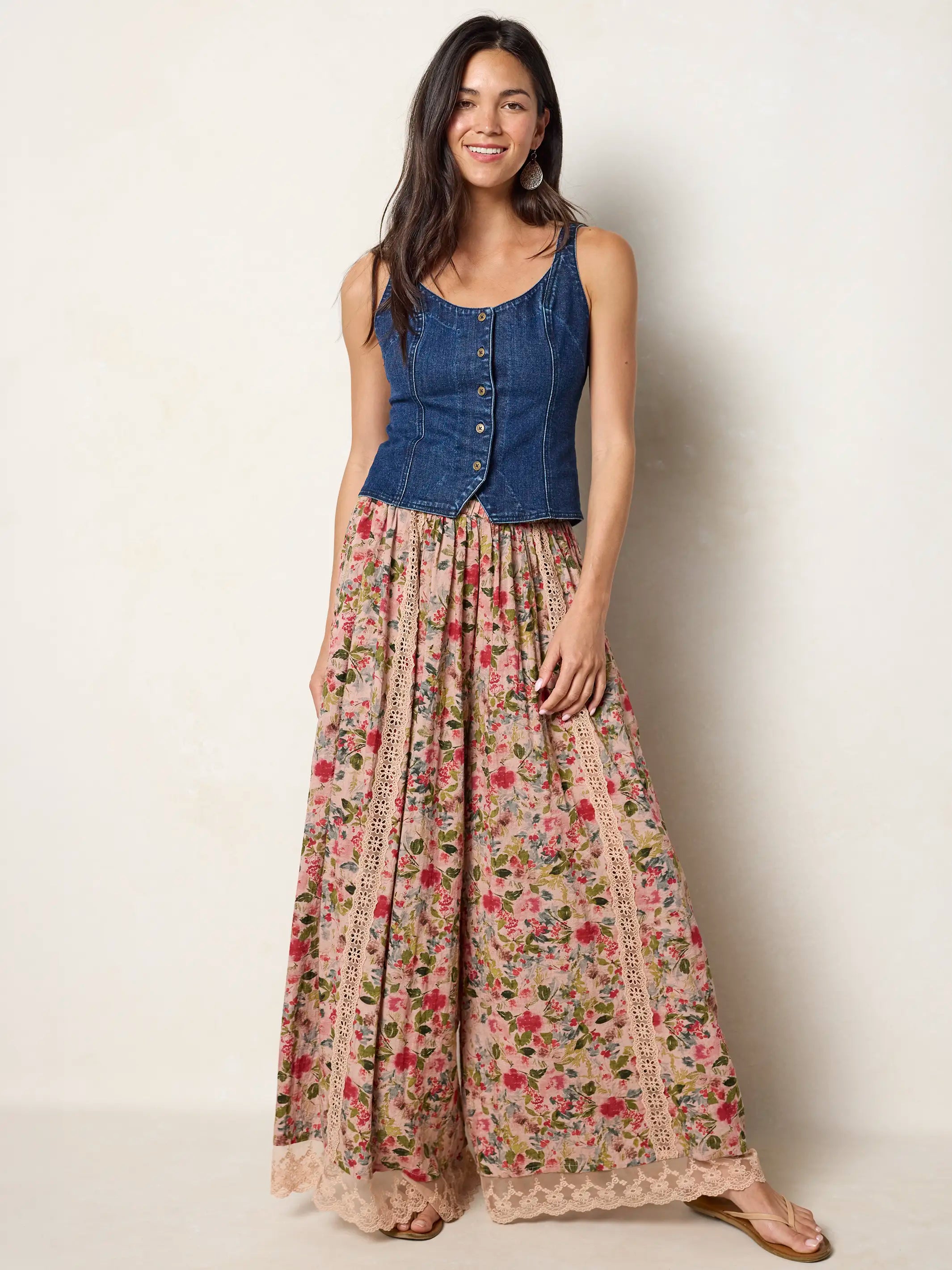 Adeline Wide-Leg Pants - Light Pink Bouquets