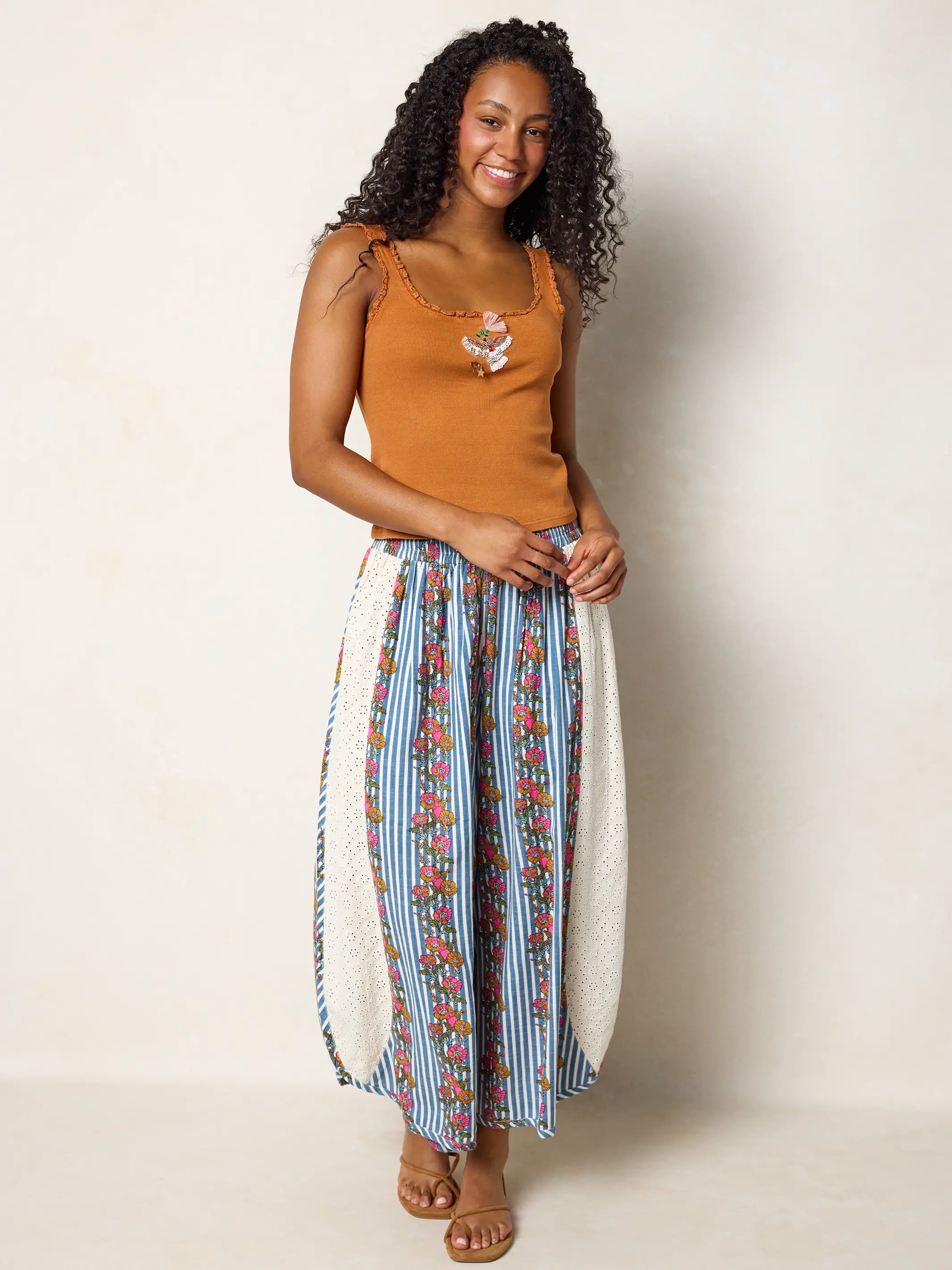 Super Comfy Cotton Wide Leg Pants - Anson Floral Stripe Navy