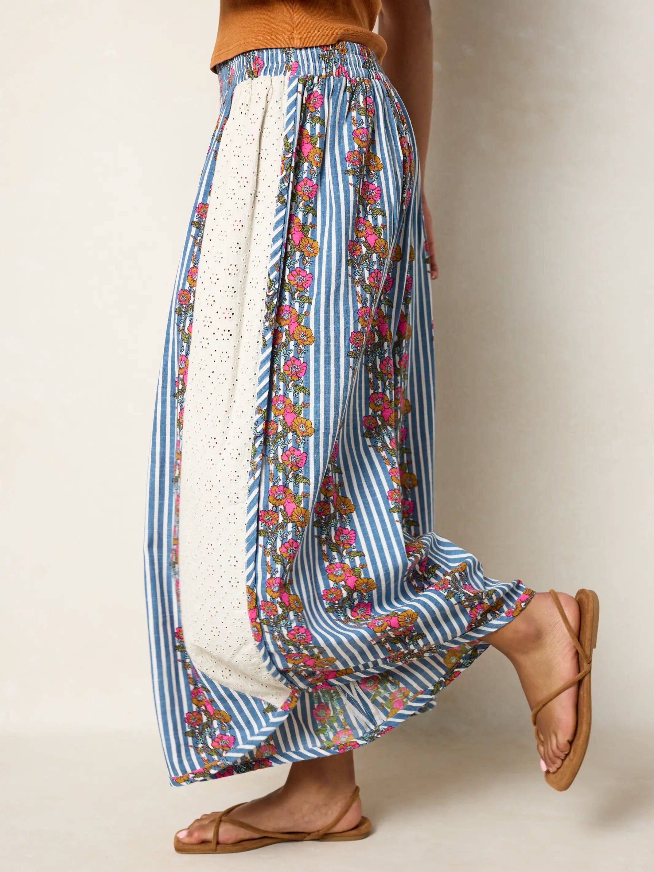 Super Comfy Cotton Wide Leg Pants - Anson Floral Stripe Navy