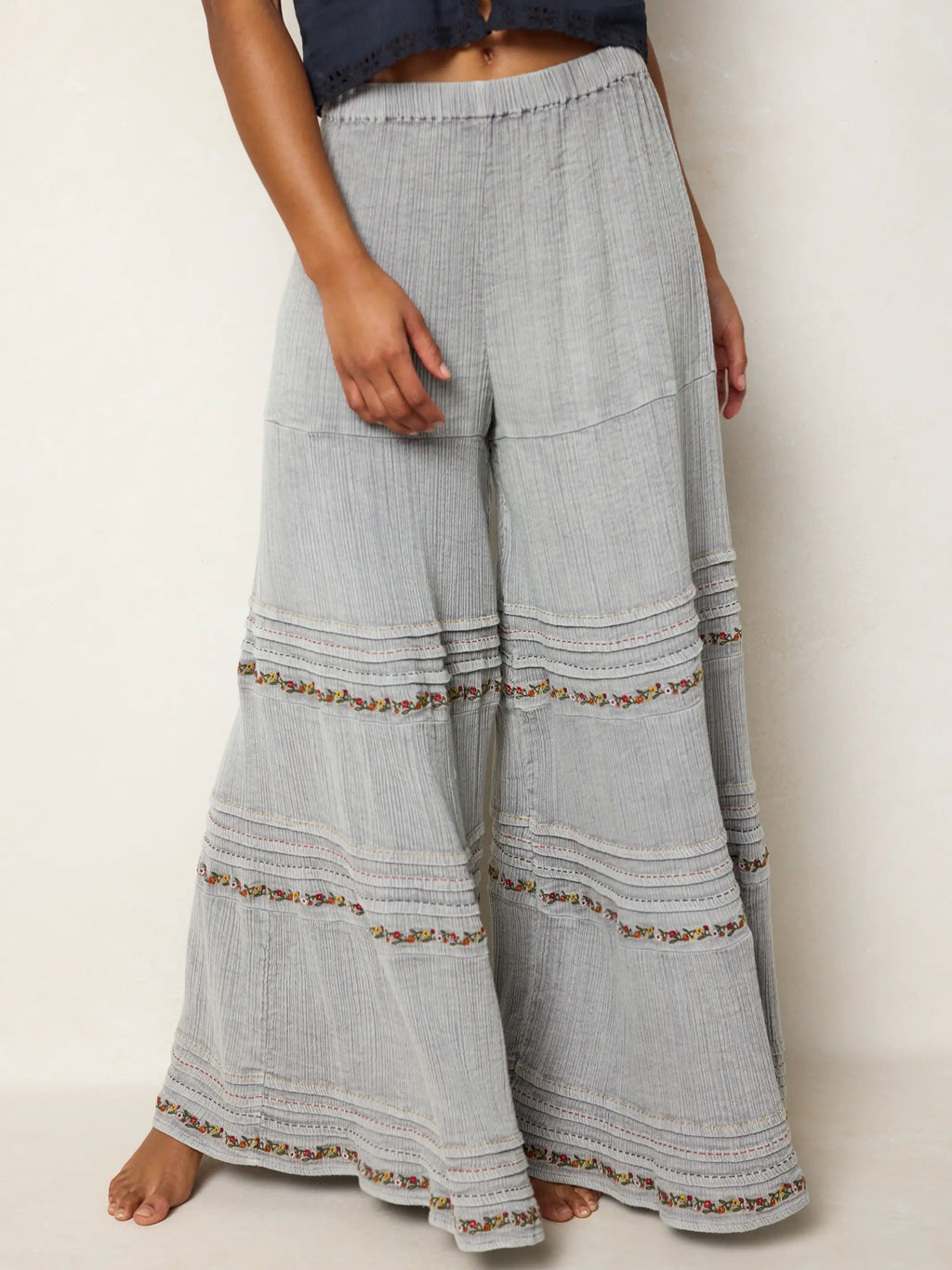 Patti Embroidered Cotton Palazzo Pants - Light Grey
