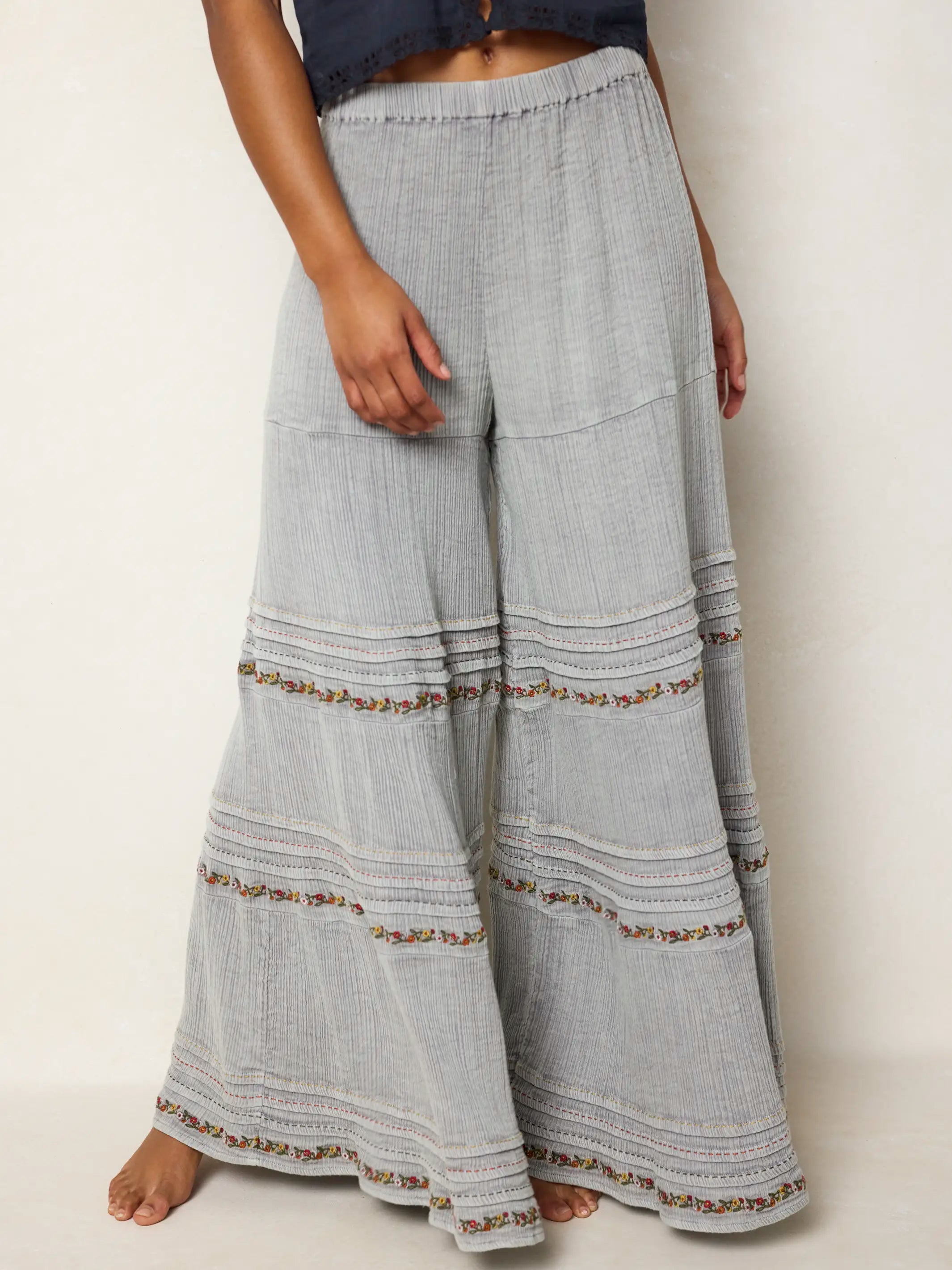 Patti Embroidered Cotton Palazzo Pants - Light Grey