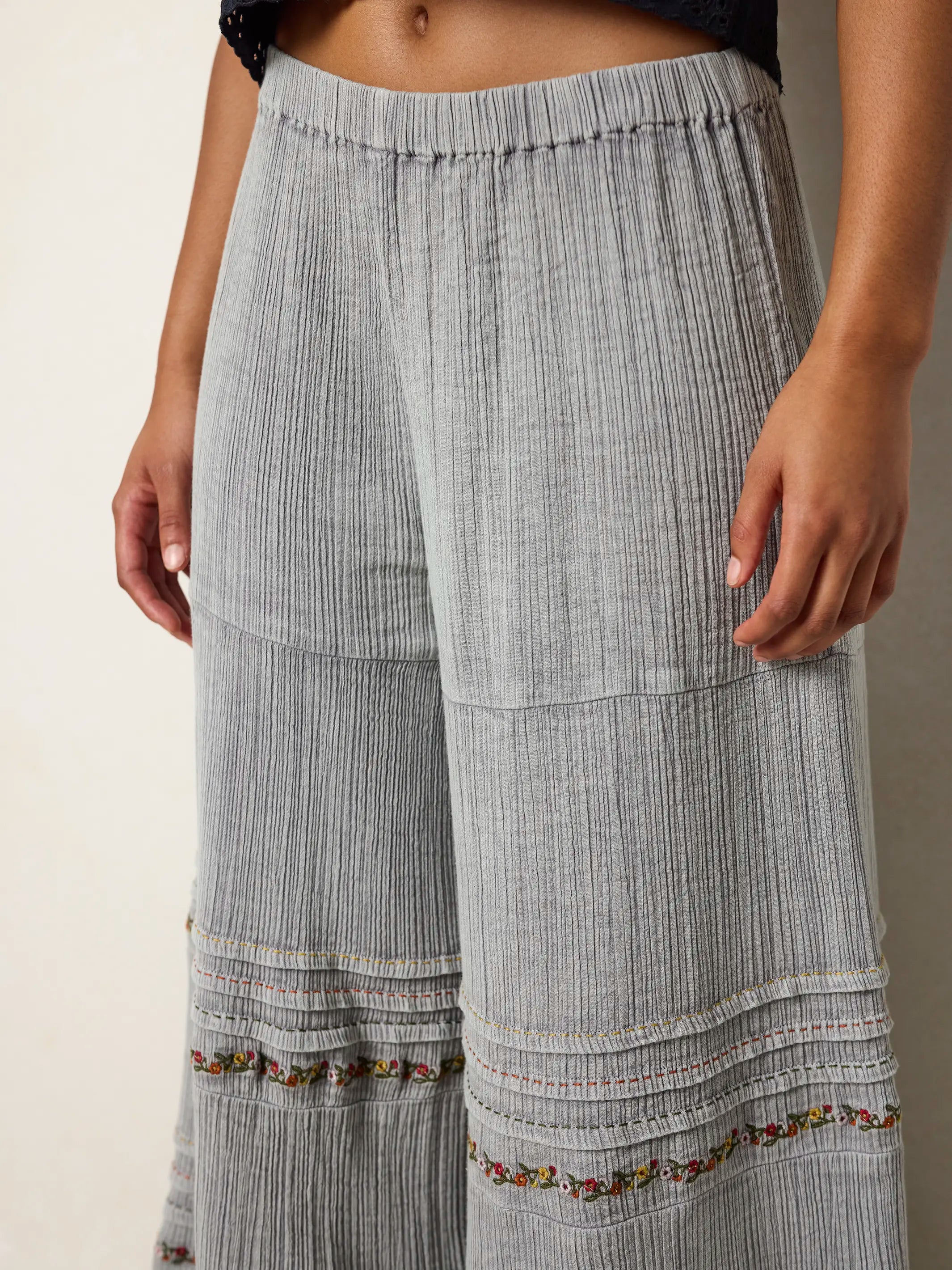 Patti Embroidered Cotton Palazzo Pants - Light Grey